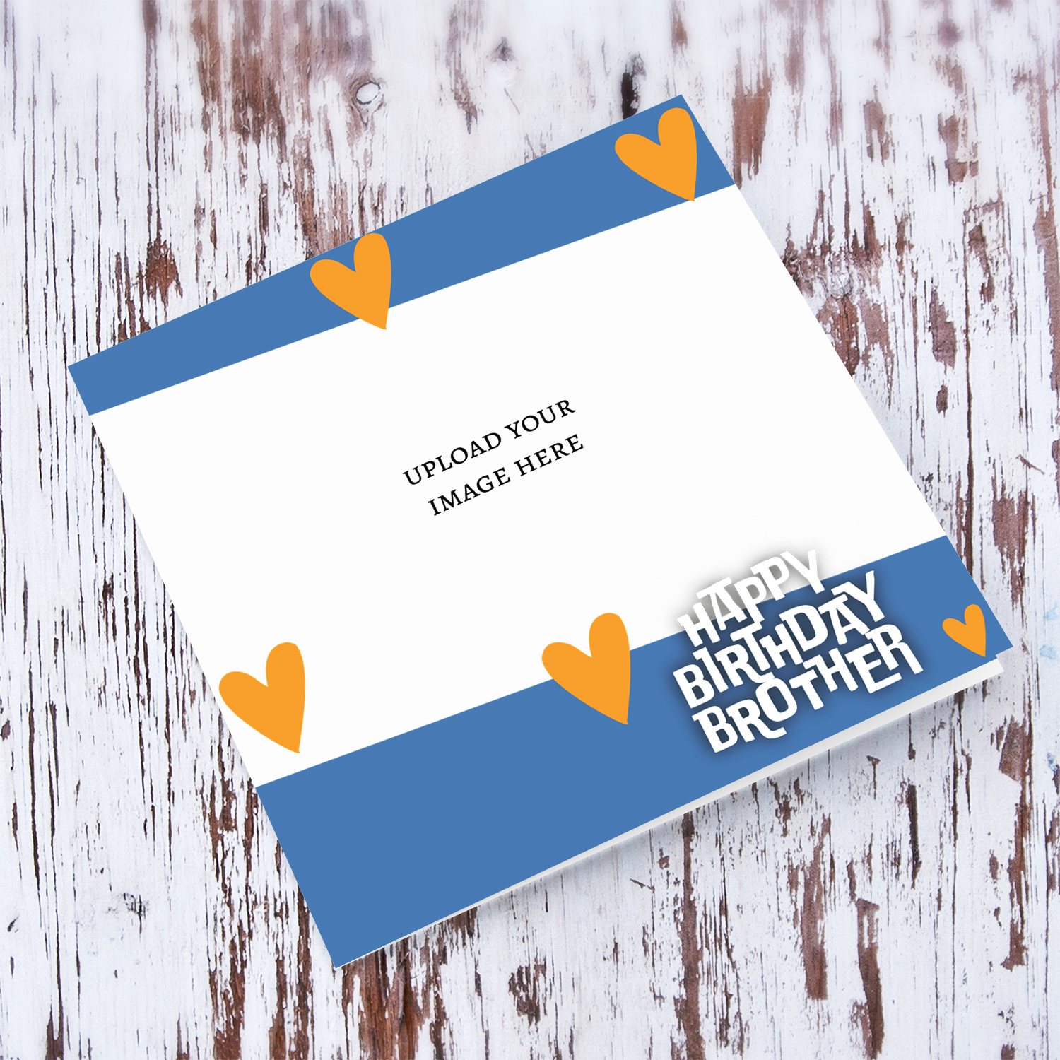 A photo birthday card for BROTHER with touches of blue and orange scattered hearts in English