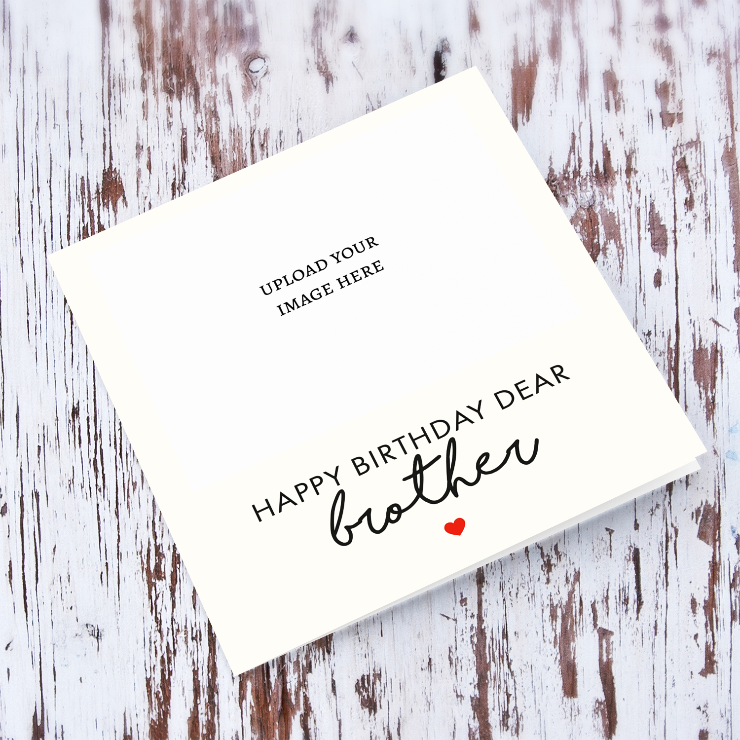 Minimalist photo birthday card for brother with cream background and red heart in English
