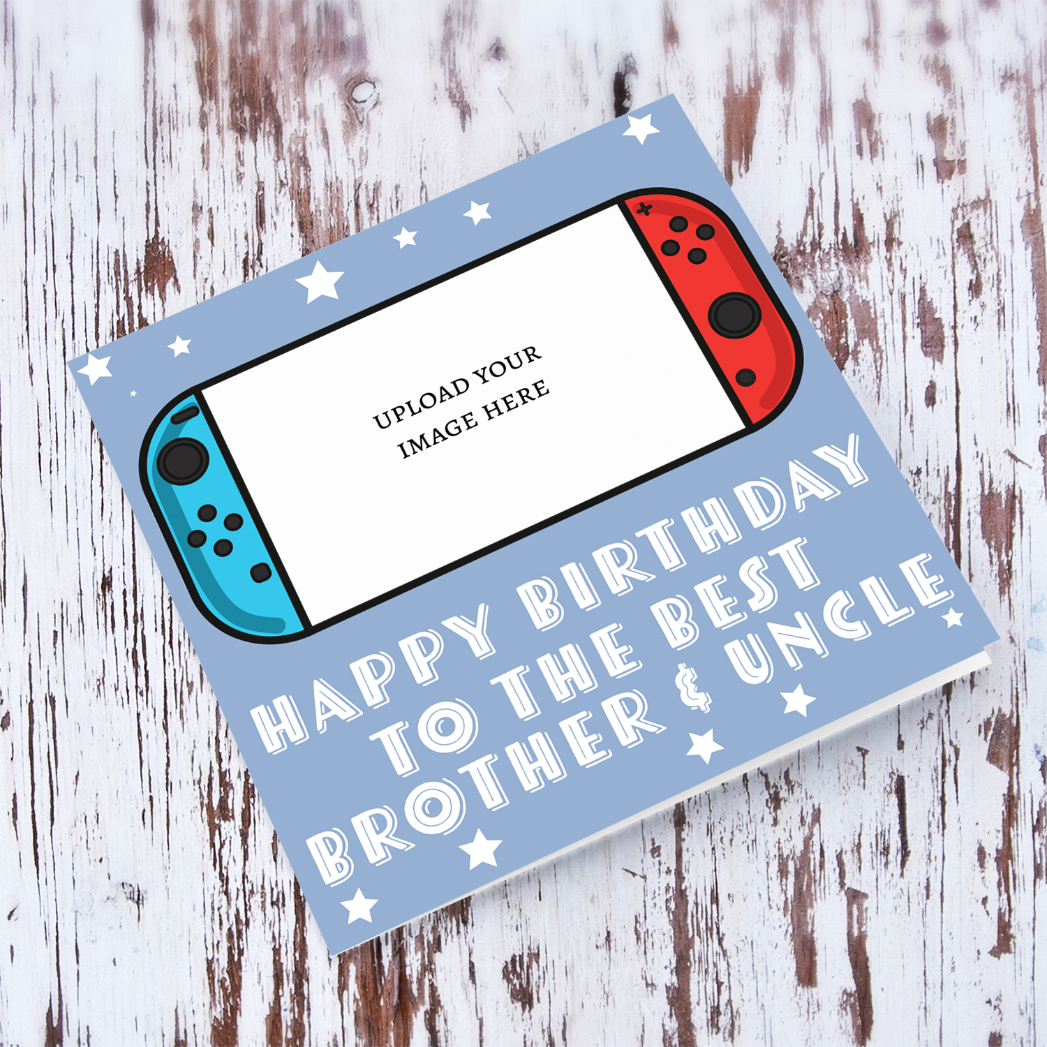 A photo birthday card for brother & uncle featuring a nintendo cartoon design, in a light blue background with scattered white stars in English 