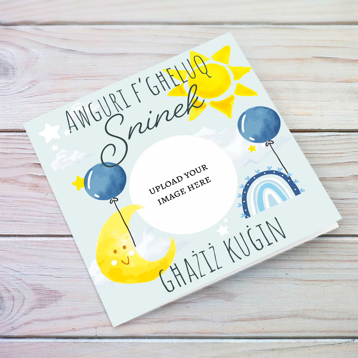 Circle shaped photo birthday card for cousin with the moon, sun, blue balloons & rainbow in Maltese
