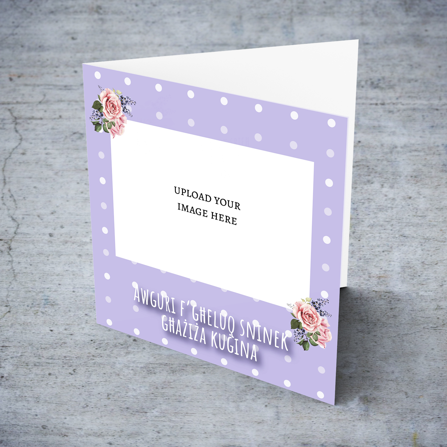 Cousin - Photo birthday card for cousin with purple dotted background and flowers in Maltese