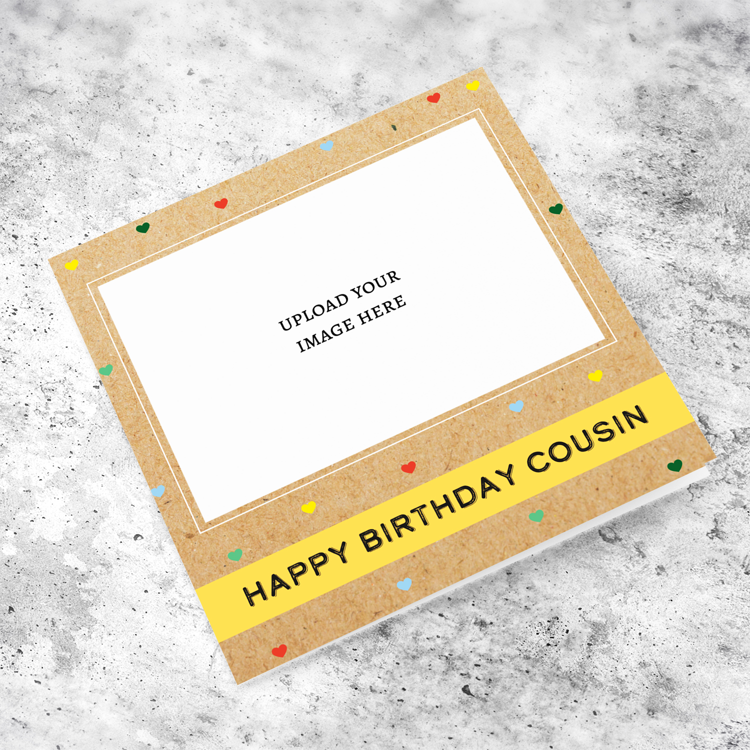 Photo birthday card for Cousin with colourful scattered hearts in English