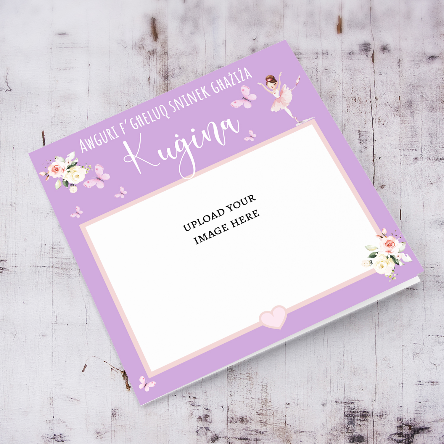 Photo birthday card for Cousin in purple background, butterflies, flowers and ballerina in Maltese