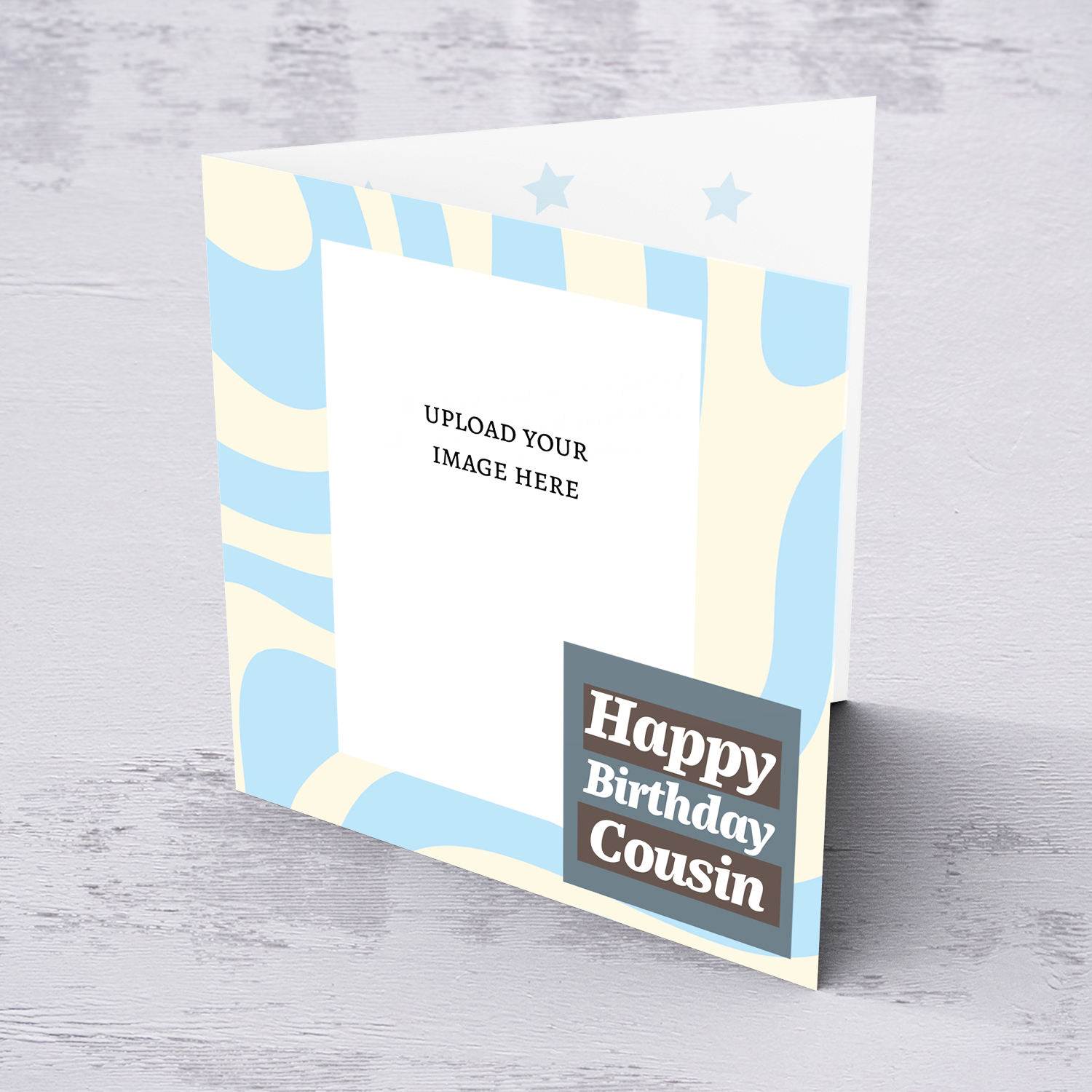 Light blue waves photo birthday card for Cousin in English 