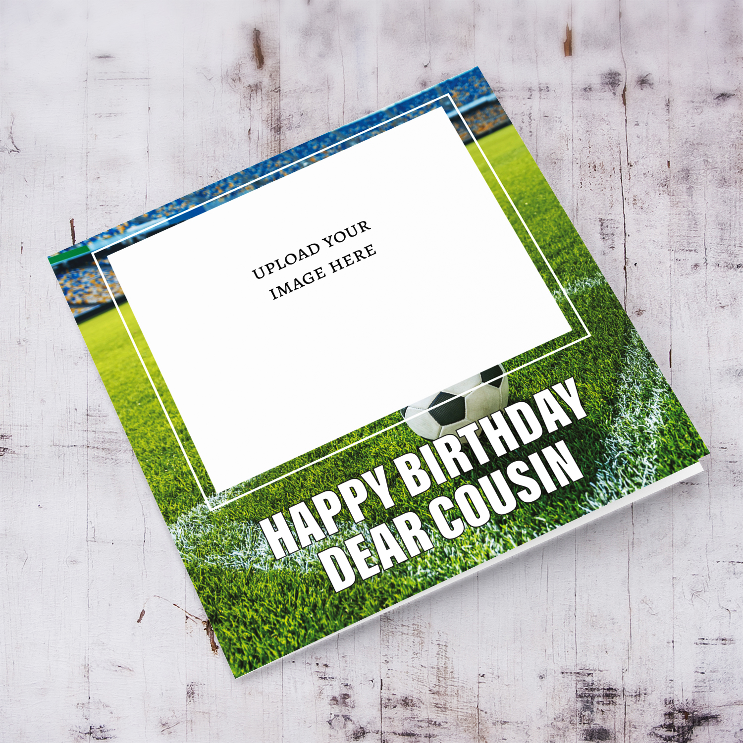 Football ground themed photo birthday card for cousin in English