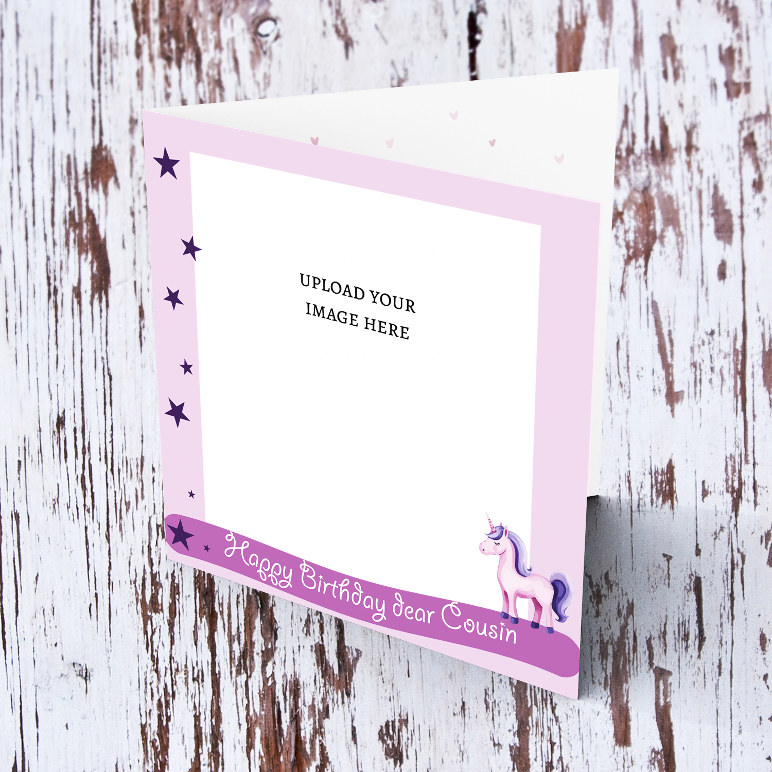 A cute photo birthday card with unicorn and stars in lilac background colour - for cousin in English