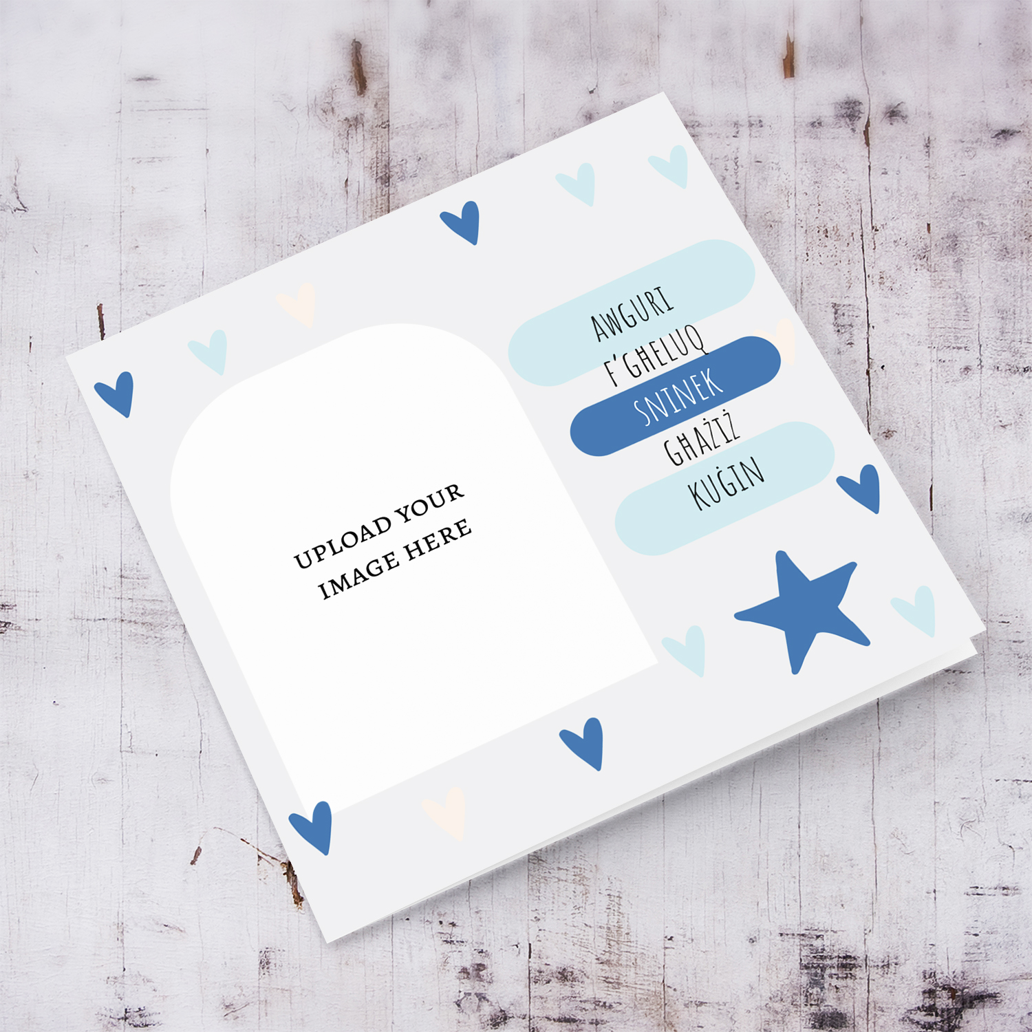 A beautiful modern photo birthday card for cousin in light grey background, scattered hearts in shades of blue in Maltese