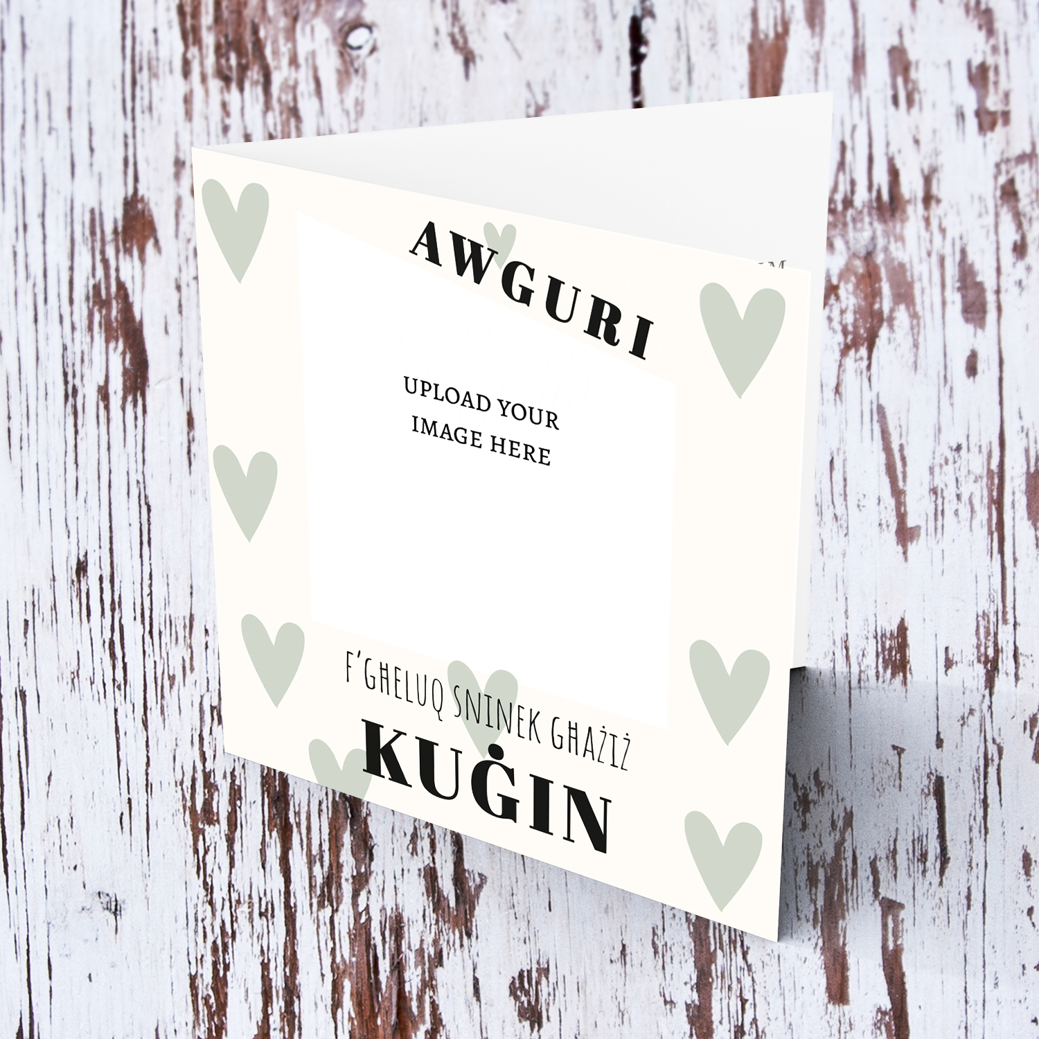 A photo birthday card for cousin (male) in a cream background with scattered pastel green hearts in Maltese