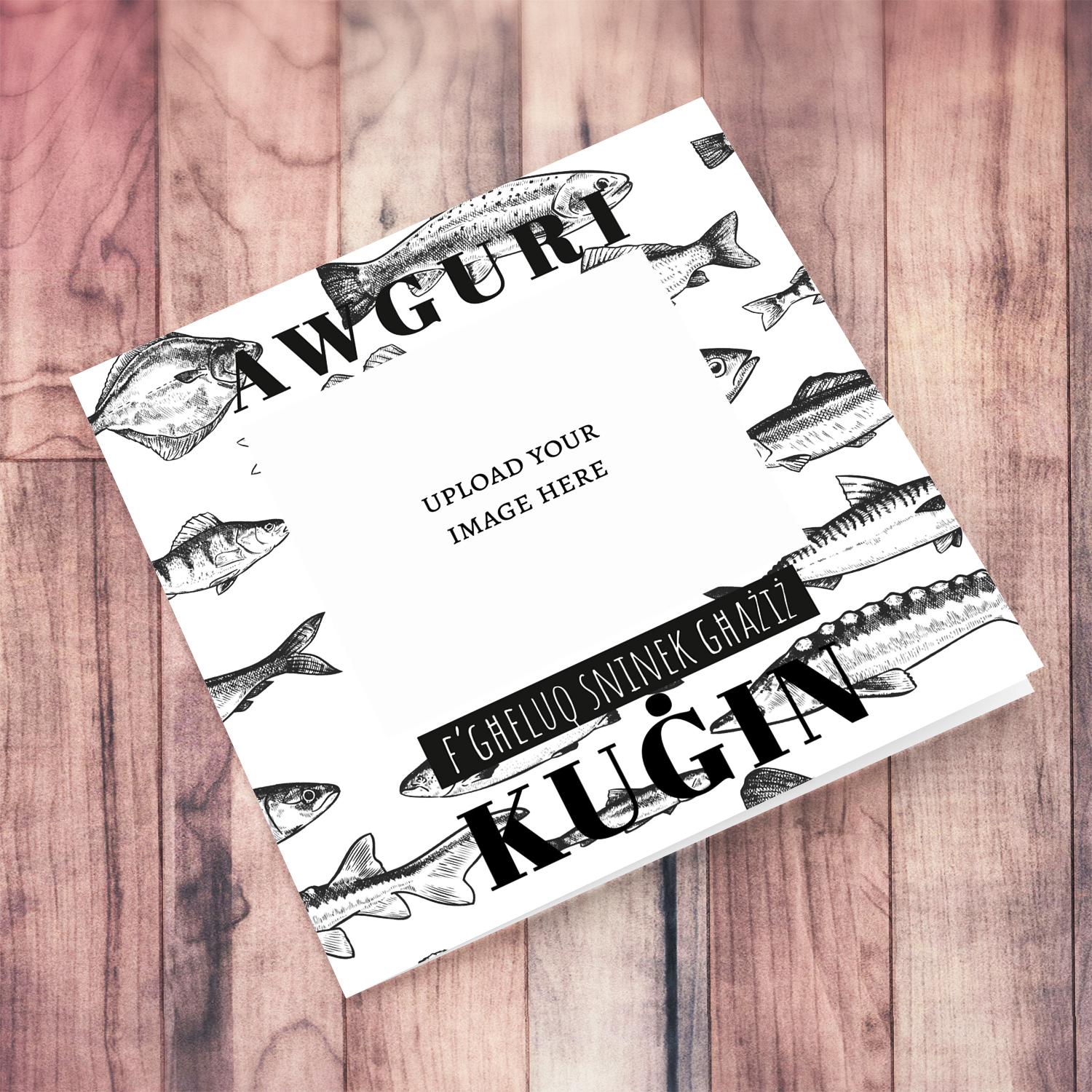 A monochrome fish themed birthday card for cousin in Maltese
