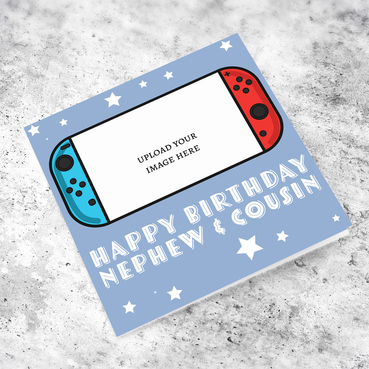 A photo birthday card for nephew & cousin featuring a nintendo cartoon design, in a light blue background with scattered white stars in English