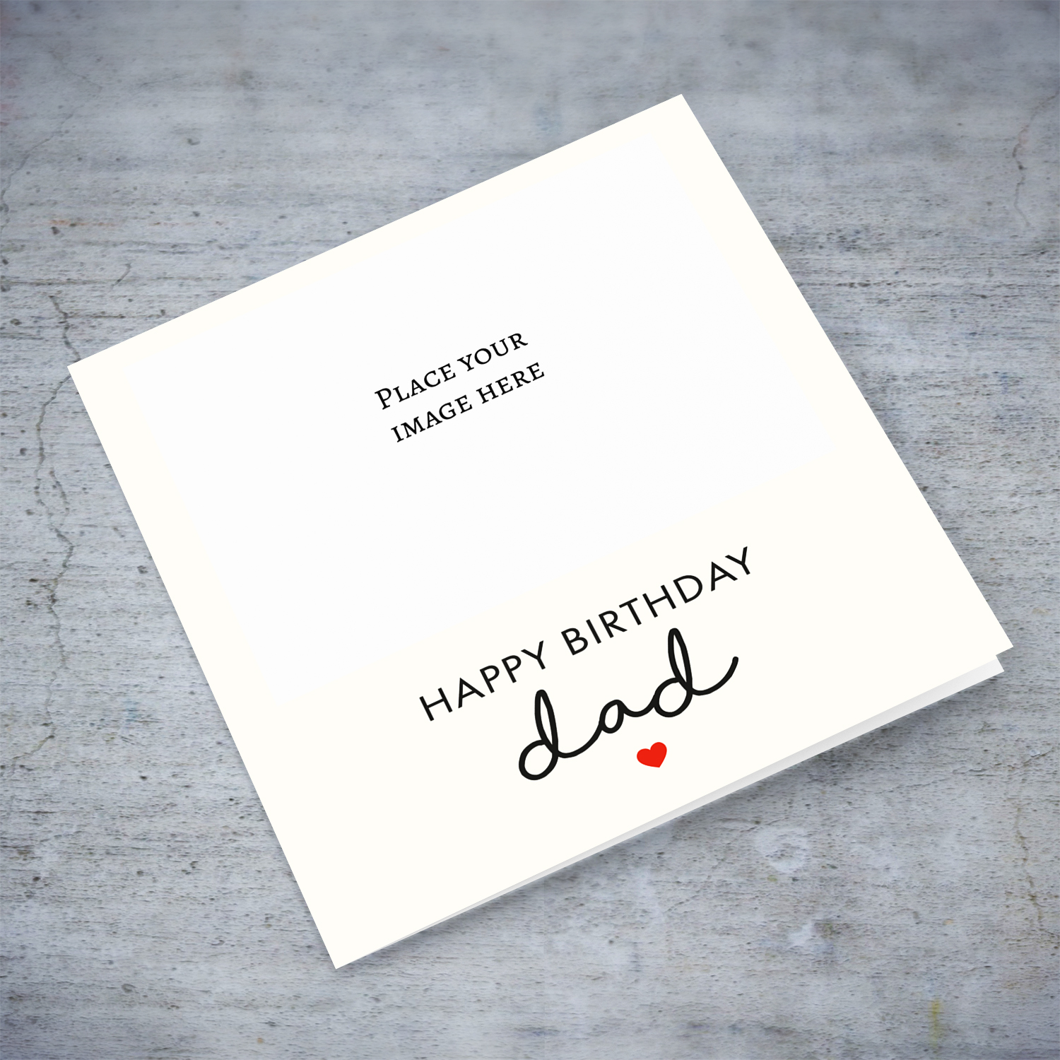 Minimalist photo birthday card for dad with cream background and red heart in English