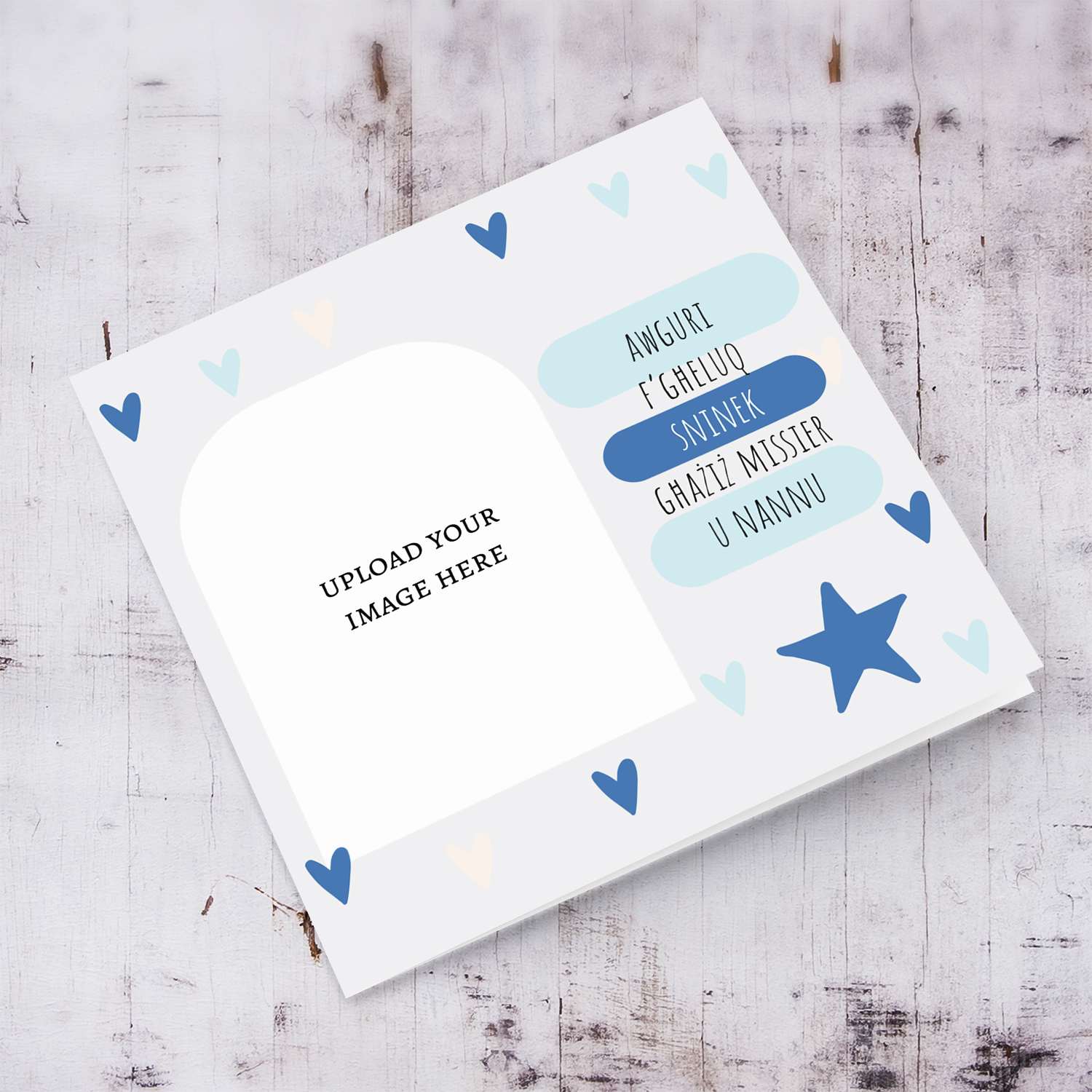 A beautiful modern photo birthday card for dad, & grandad in light grey background, scattered hearts in shades of blue in Maltese (2 in 1)