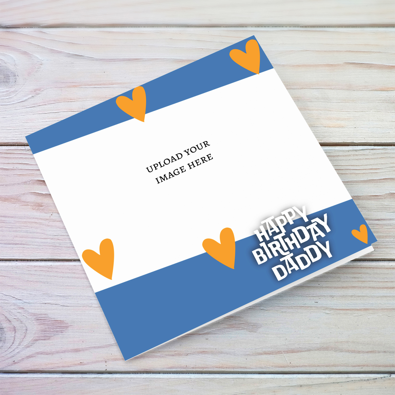 A photo birthday card for DADDY with touches of blue and orange scattered hearts in English