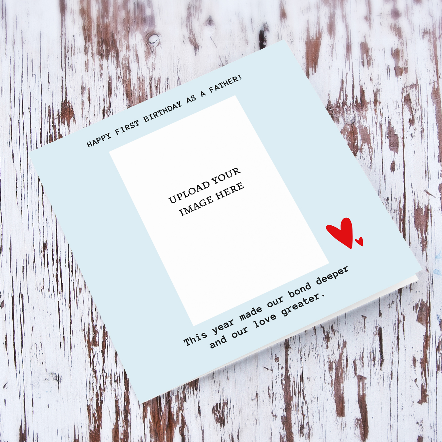 Happy First Birthday as a father - photo birthday card in a light blue background and 2 red hearts in English