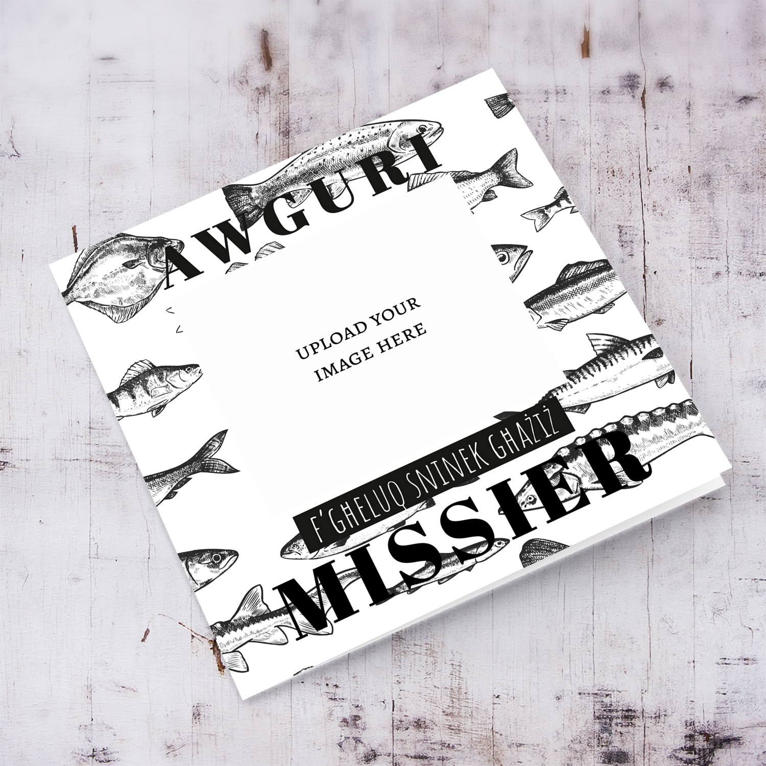 A monochrome fish themed birthday card for dad in Maltese
