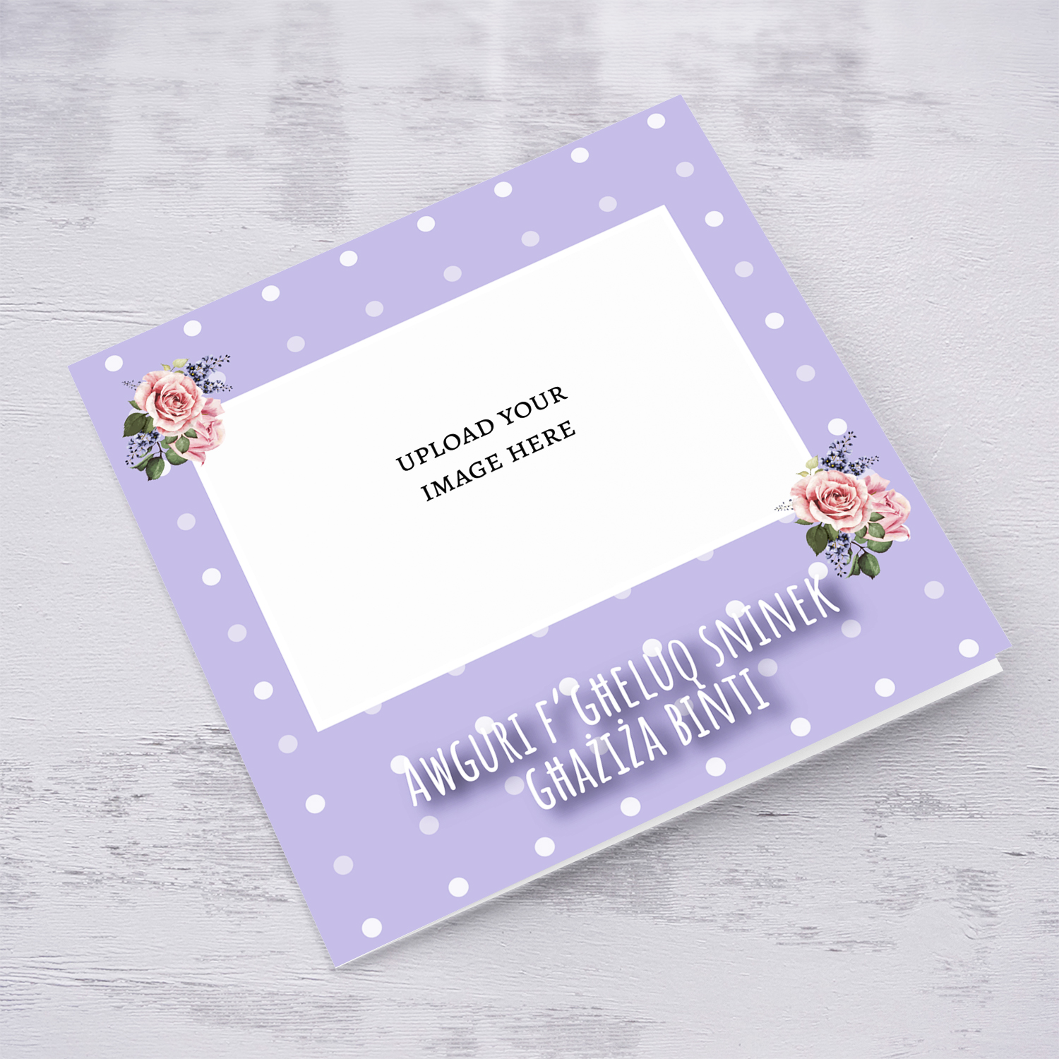 Daughter - Photo birthday card for daughter with purple dotted background and flowers in Maltese