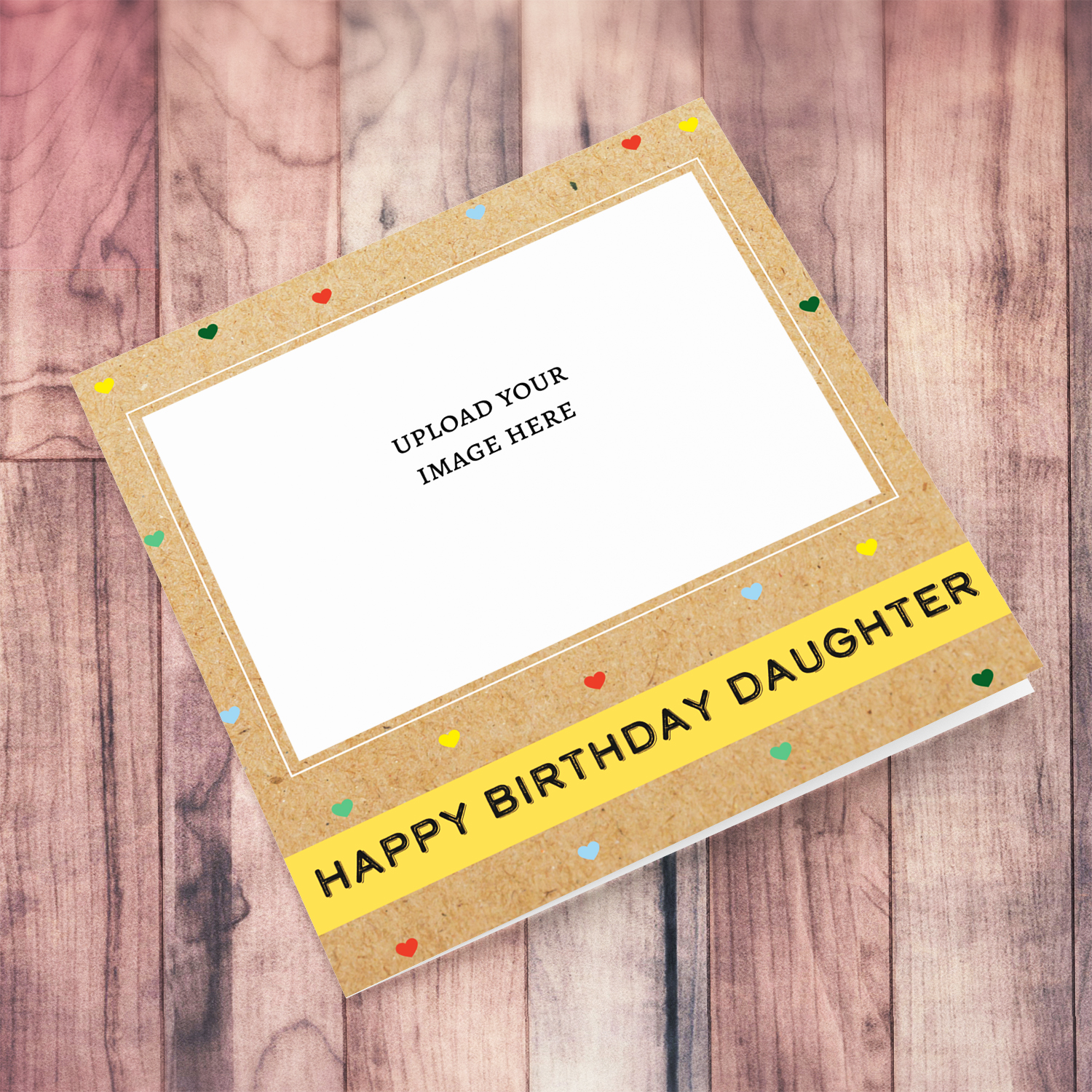 Photo birthday card for daughter with colourful scattered hearts in English