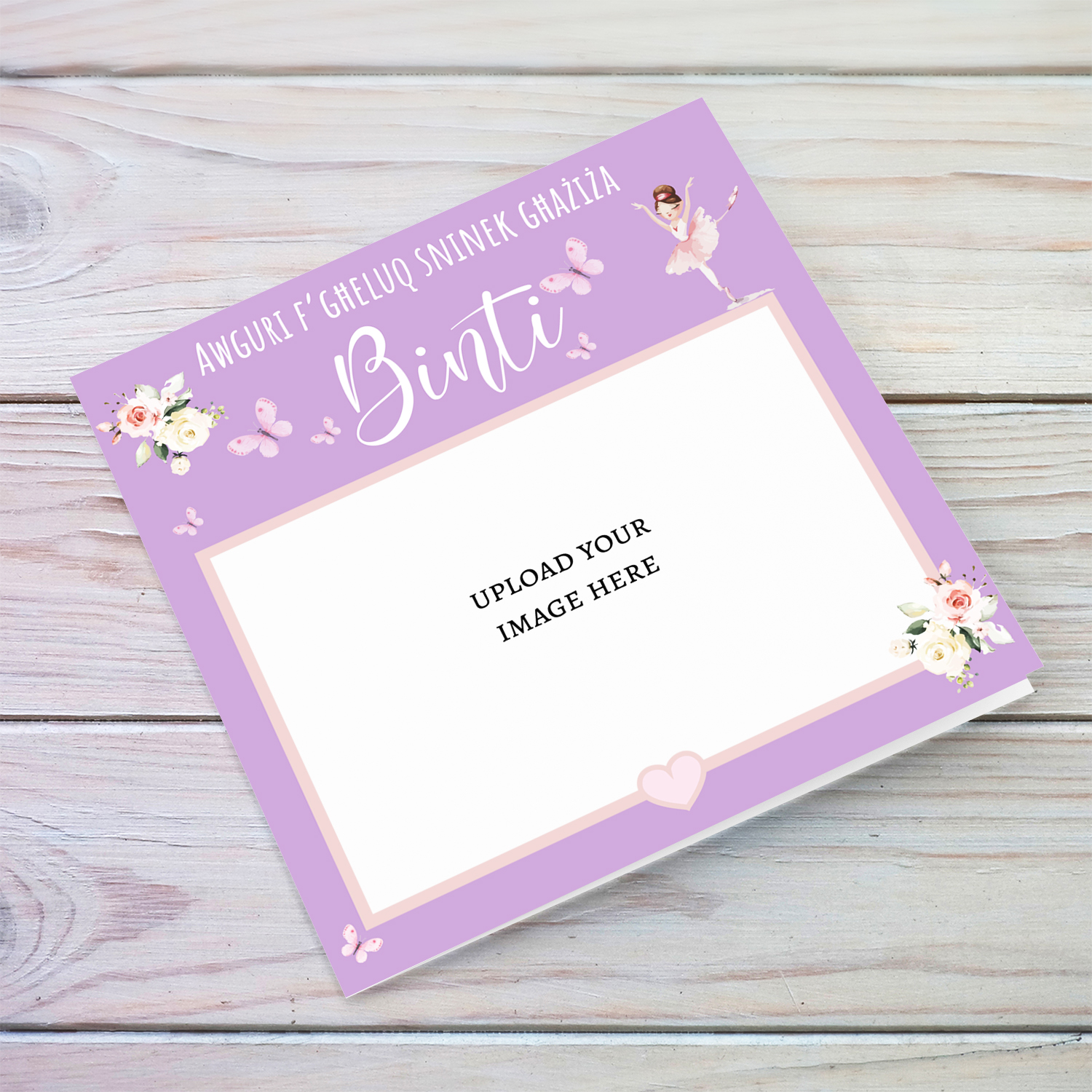Photo birthday card for daughter in purple background, butterflies, flowers and ballerina in Maltese