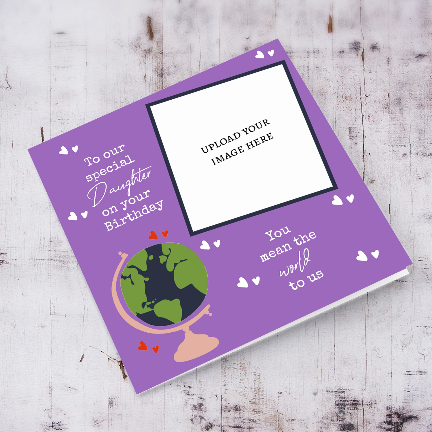 A purple background photo card for Daughter - You mean the world to us - with scattered white hearts and a globe in English