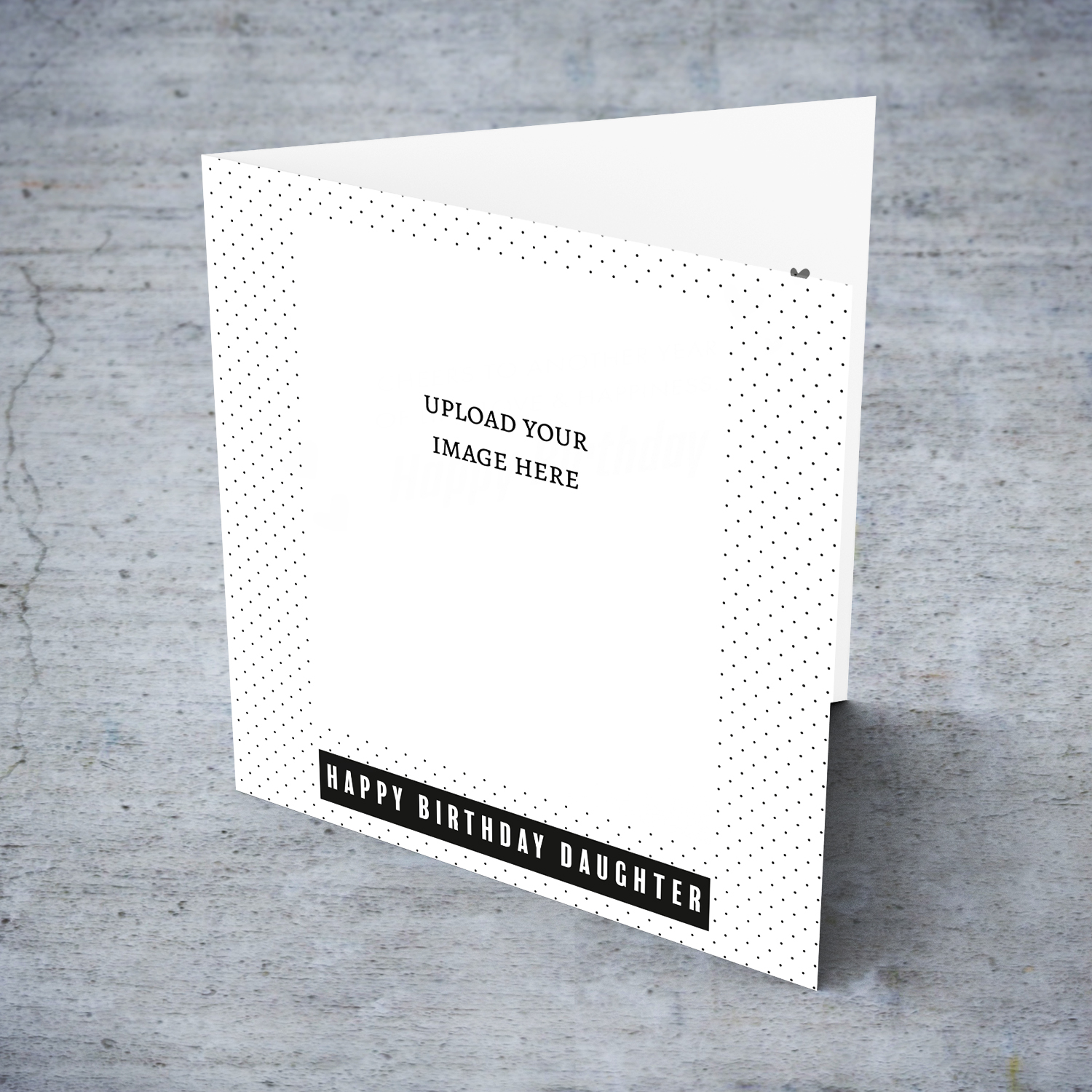 Monochrome photo birthday card for Daughter in plain spotted background and black touch & white text in English