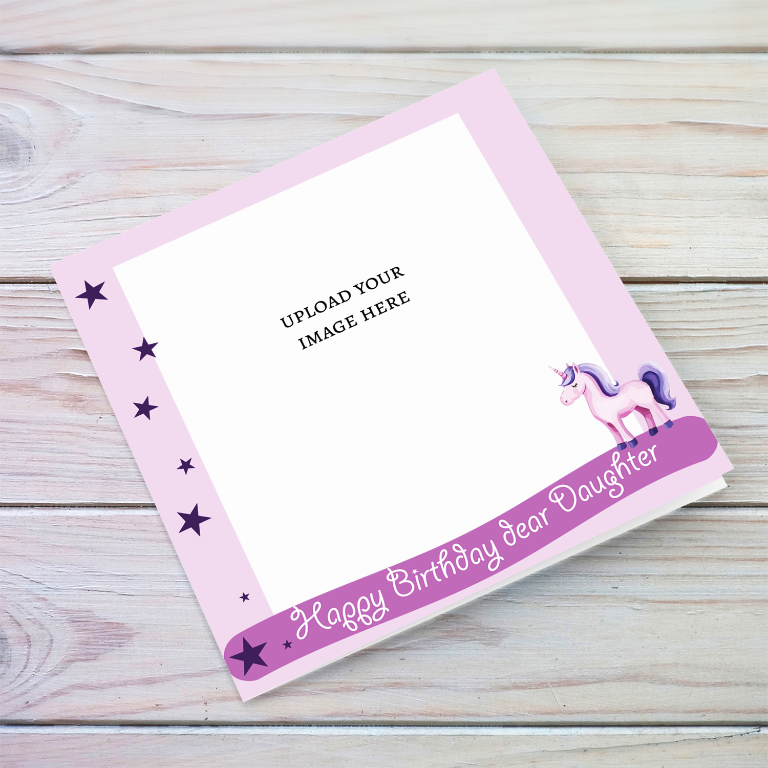 A cute photo birthday card with unicorn and stars in lilac background colour - for daughter in English
