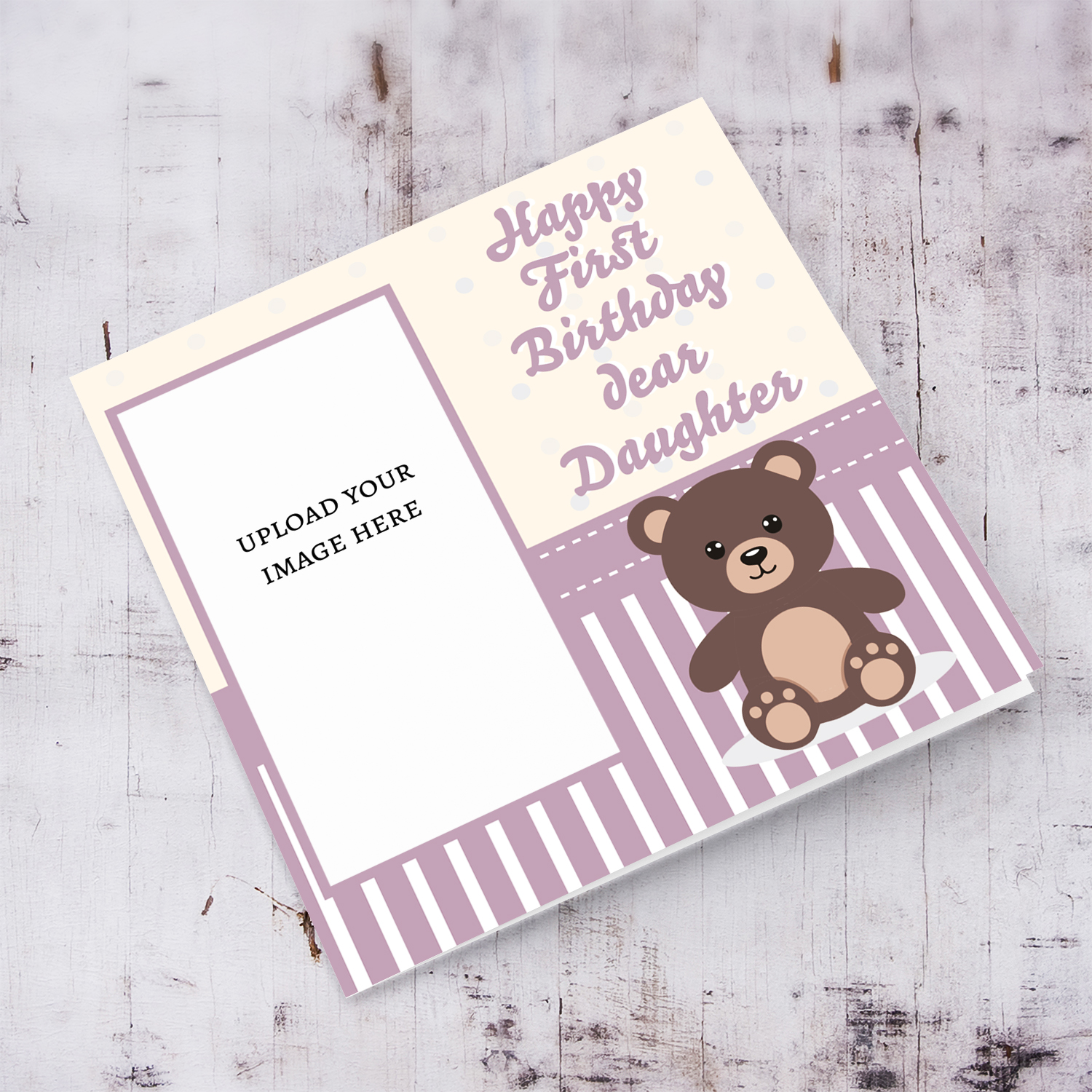 A cute photo card for daughter's first birthday in spotted light cream background and shades of pink and white in English
