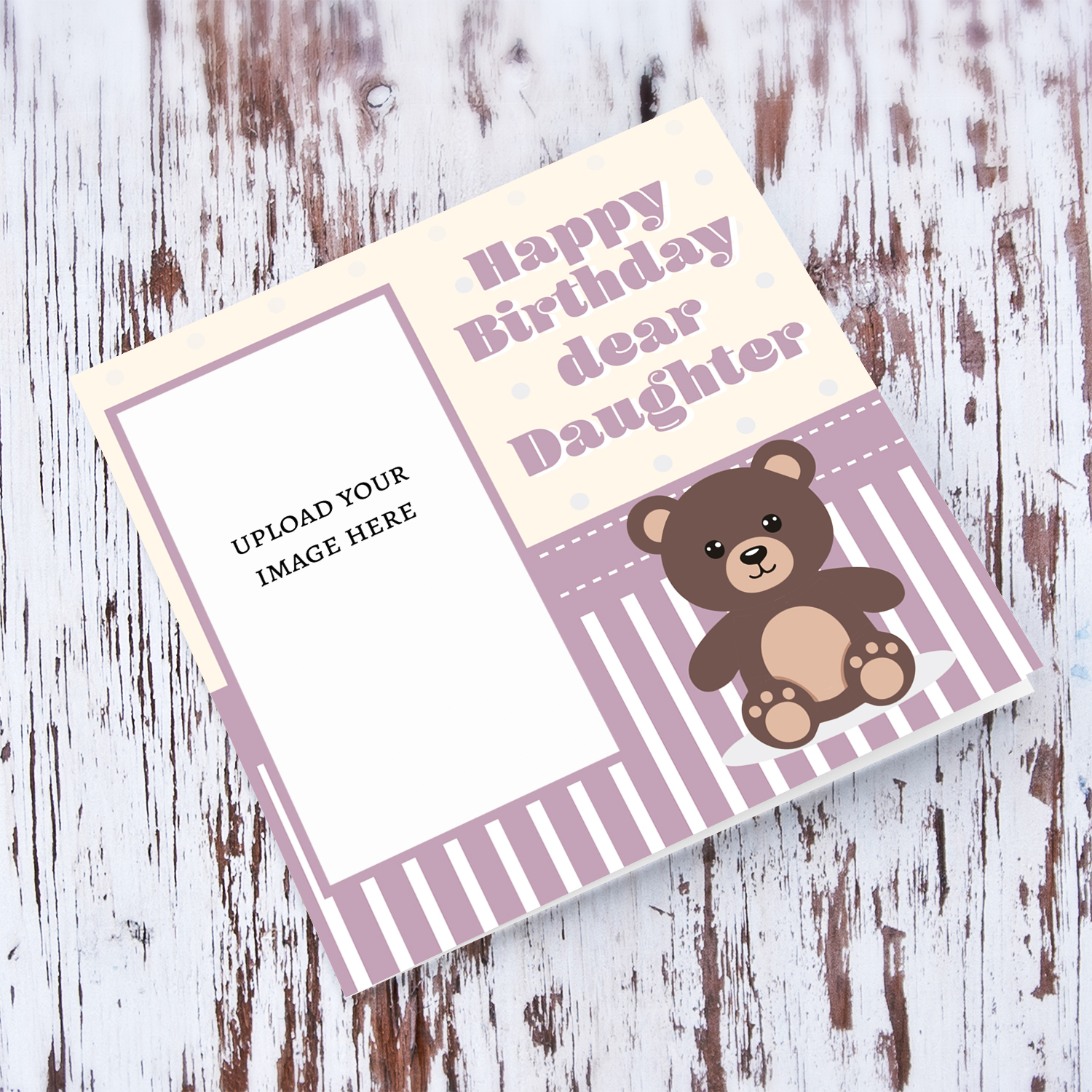 A cute photo card for daughter's birthday in spotted light cream background and shades of pink and white in English