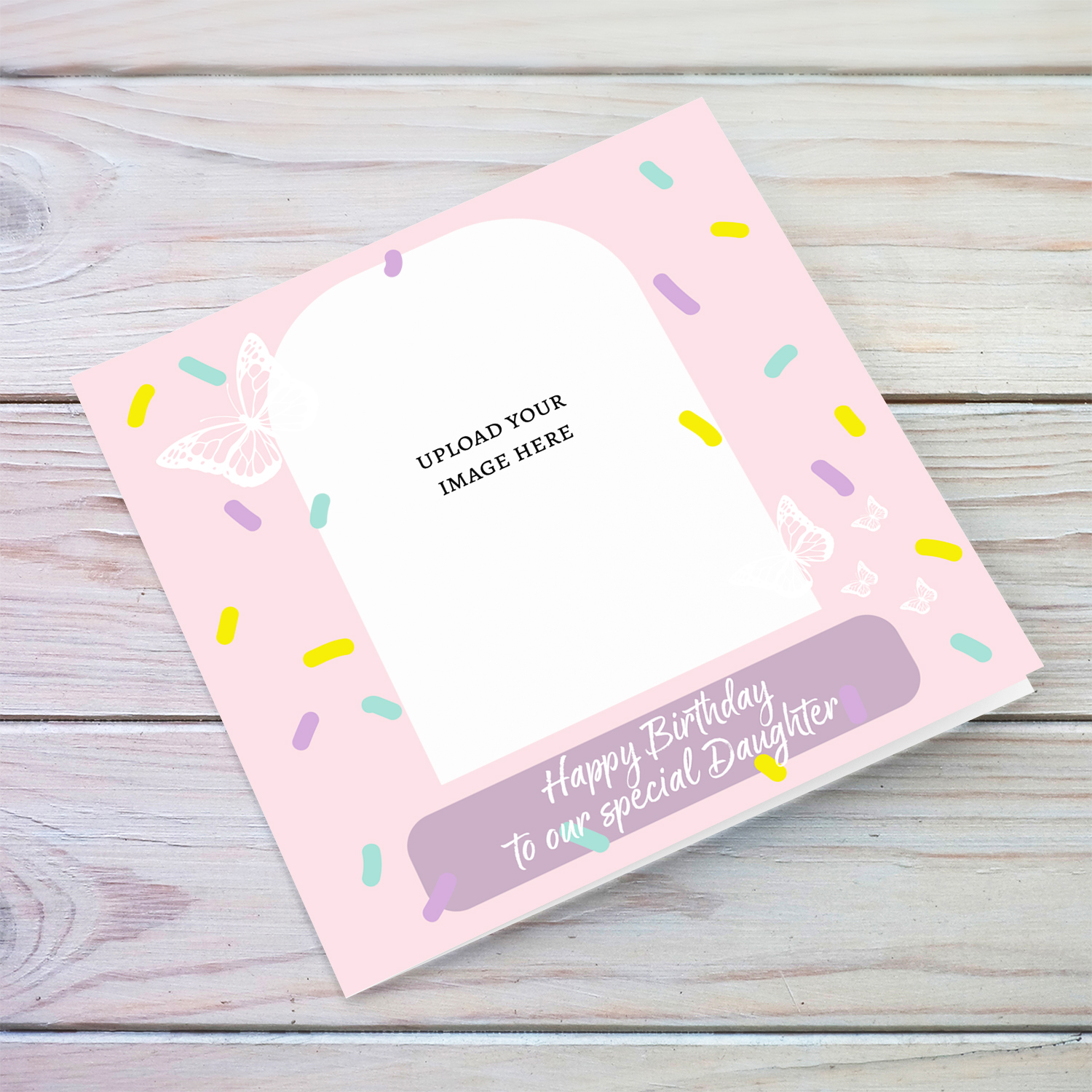 A beautiful photo birthday card for DAUGHTER, in pink background, colourful confetti and scattered white butterflies in English