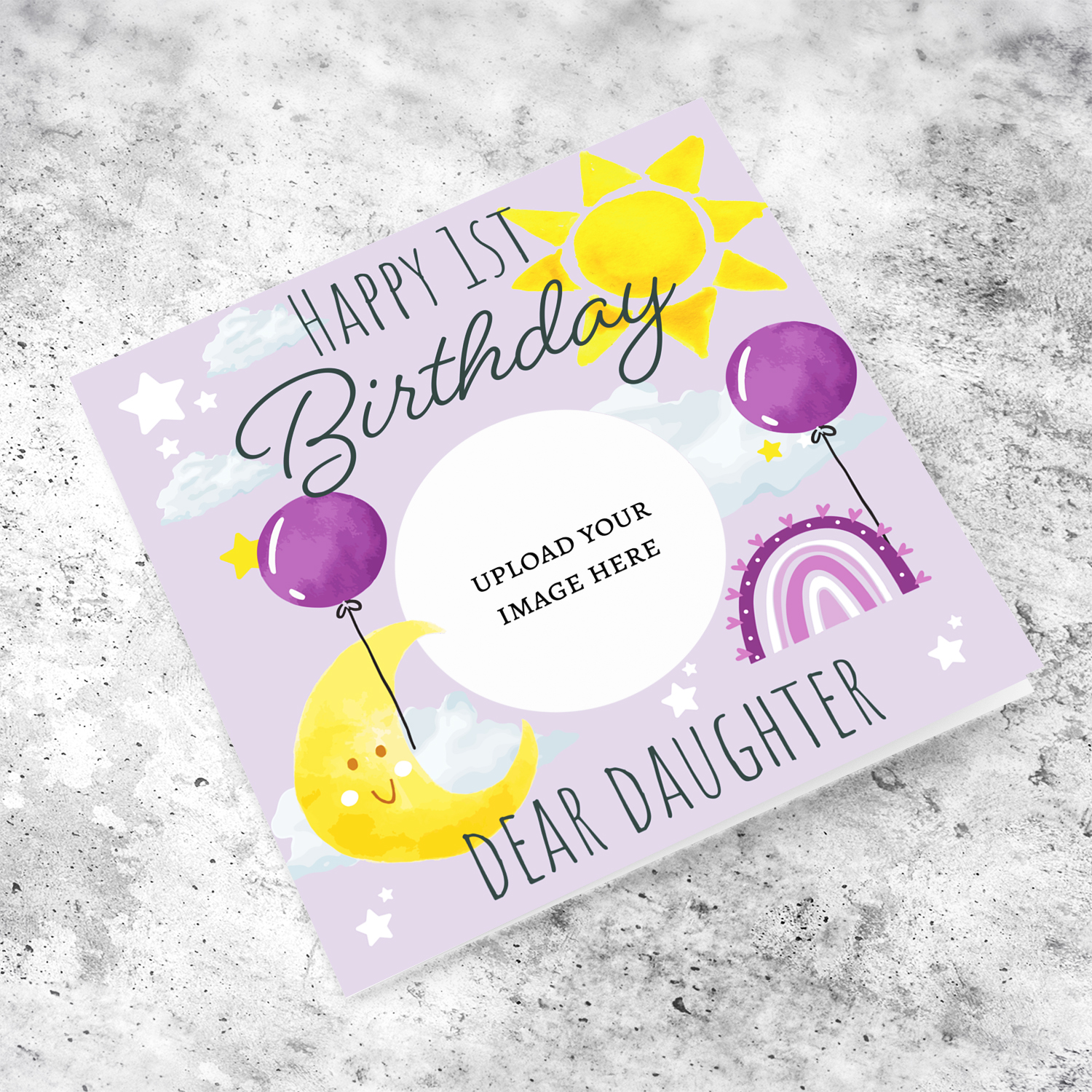 A purple circle shaped photo 1st birthday card for DAUGHTER with the moon, sun, balloons & rainbow in English