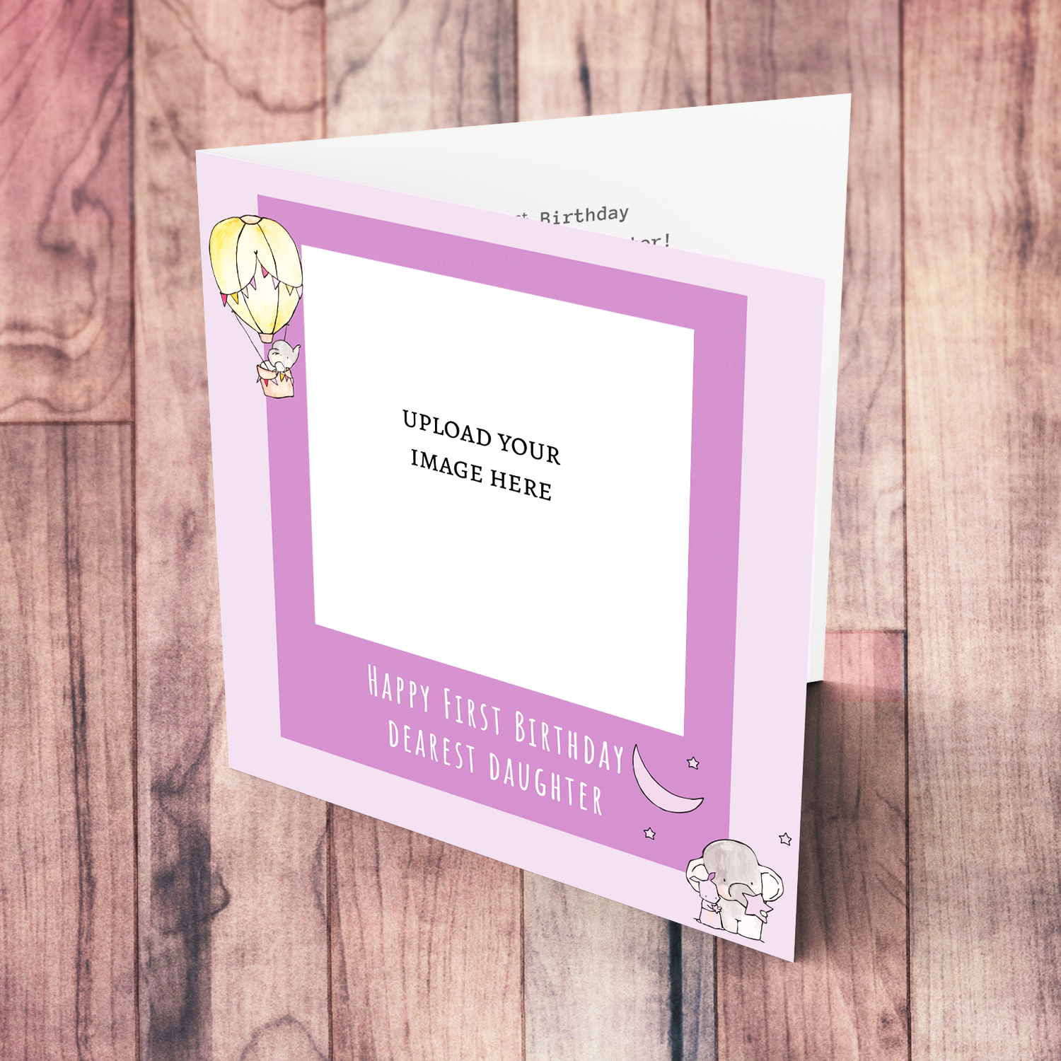 A photo birthday card for daughter's first birthday with cute elephants in shades of pink & purple background in English