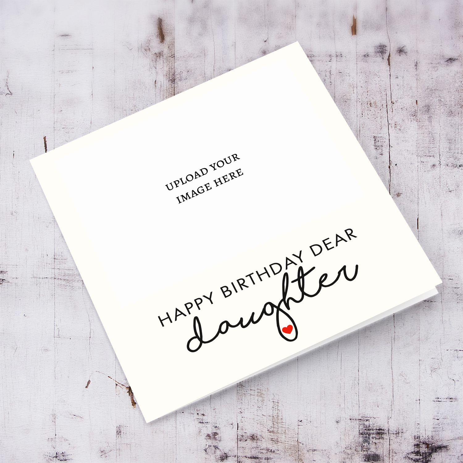 Minimalist photo birthday card for daughter with cream background and red heart in English