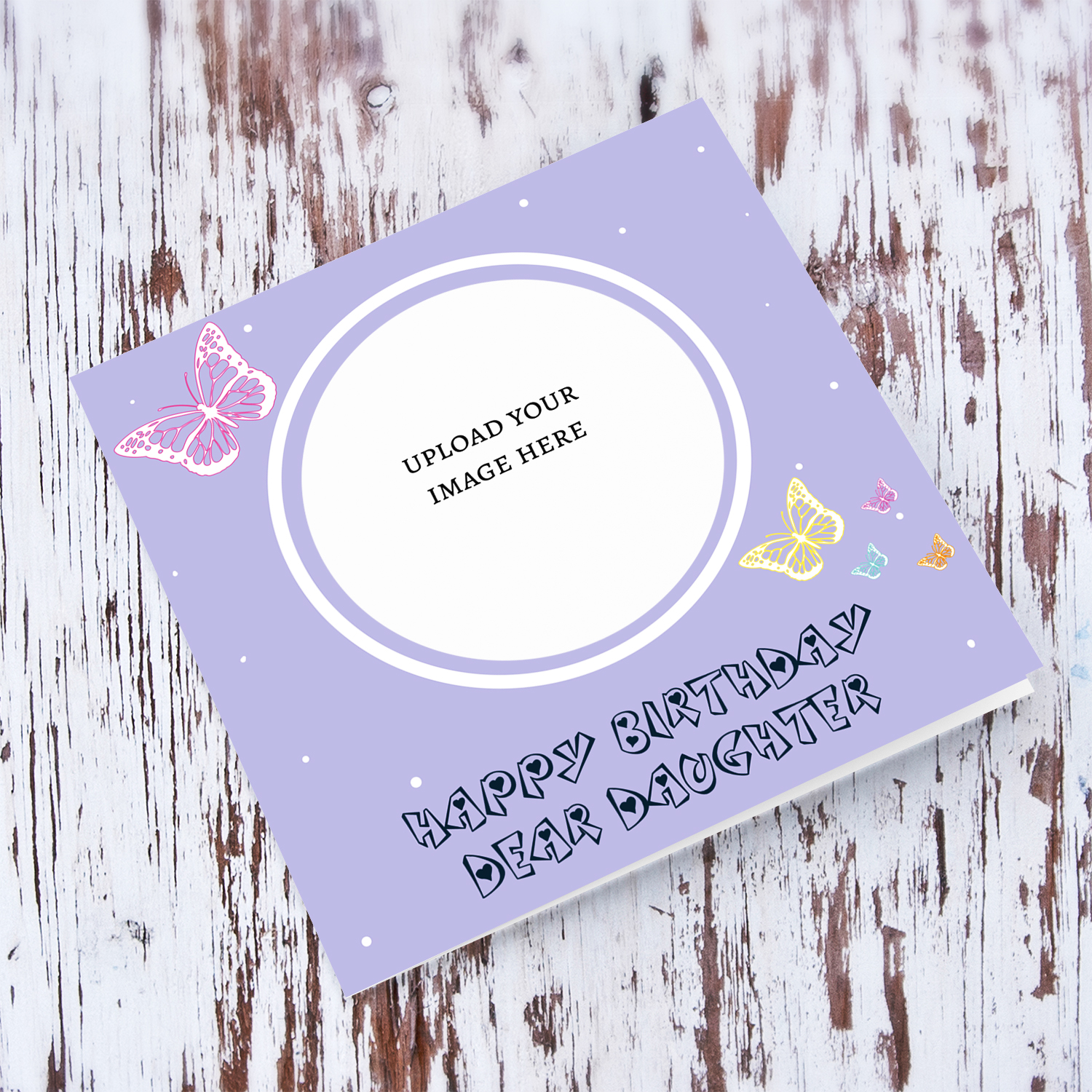 A cute photo birthday card for Daugher in a light purple background with colourful butterflies in English