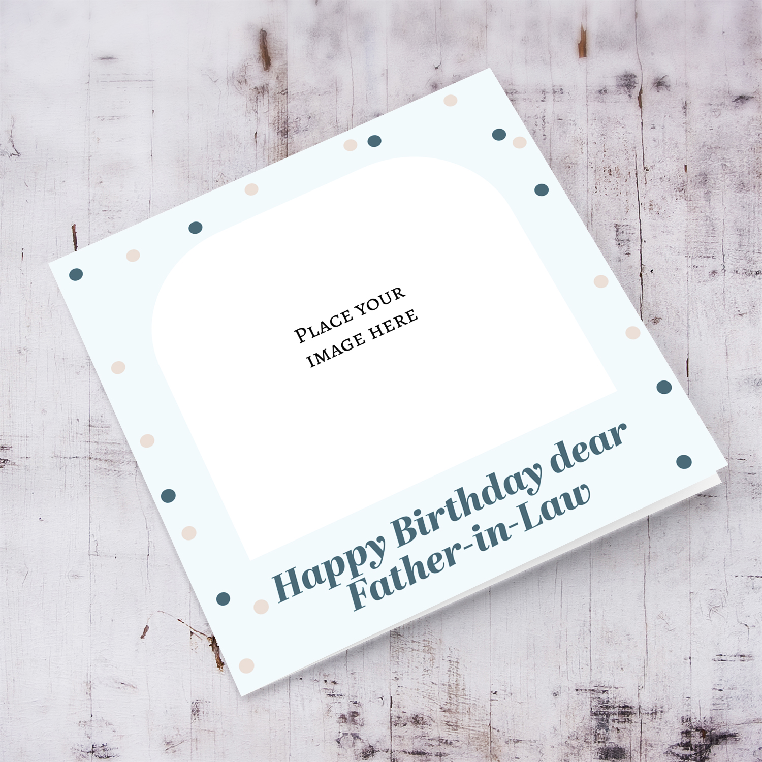 Photo birthday card for father-in-law in light blue coloured background and scattered dots in English