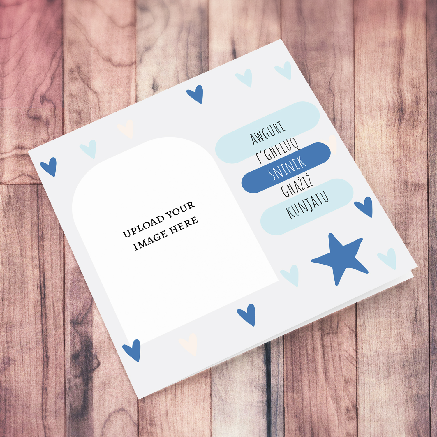 A beautiful modern photo birthday card for father-in-law in light grey background, scattered hearts in shades of blue in Maltese