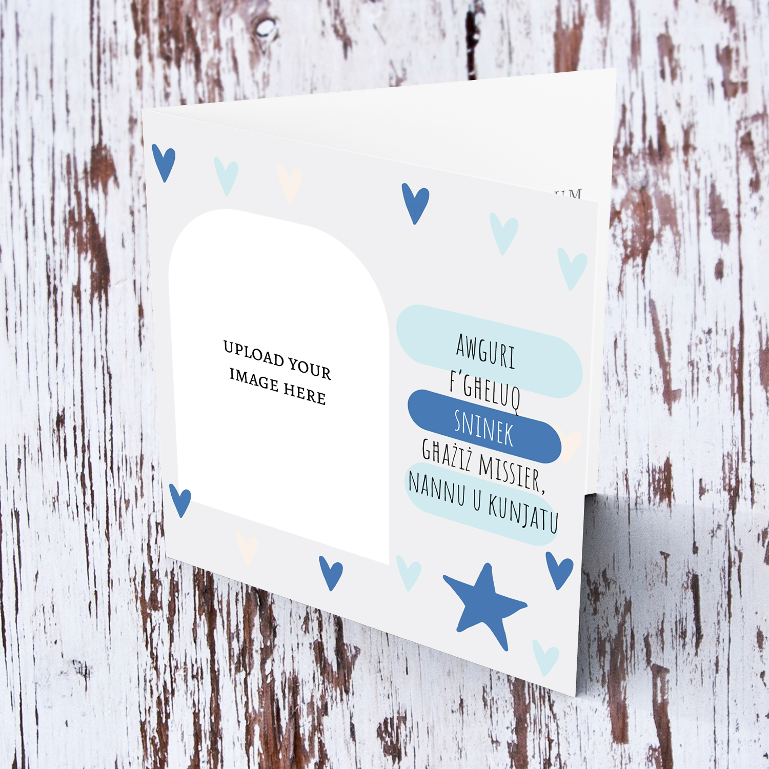 A beautiful modern photo birthday card for dad, grandad & father-in-law in light grey background, scattered hearts in shades of blue in Maltese (3 in 1)