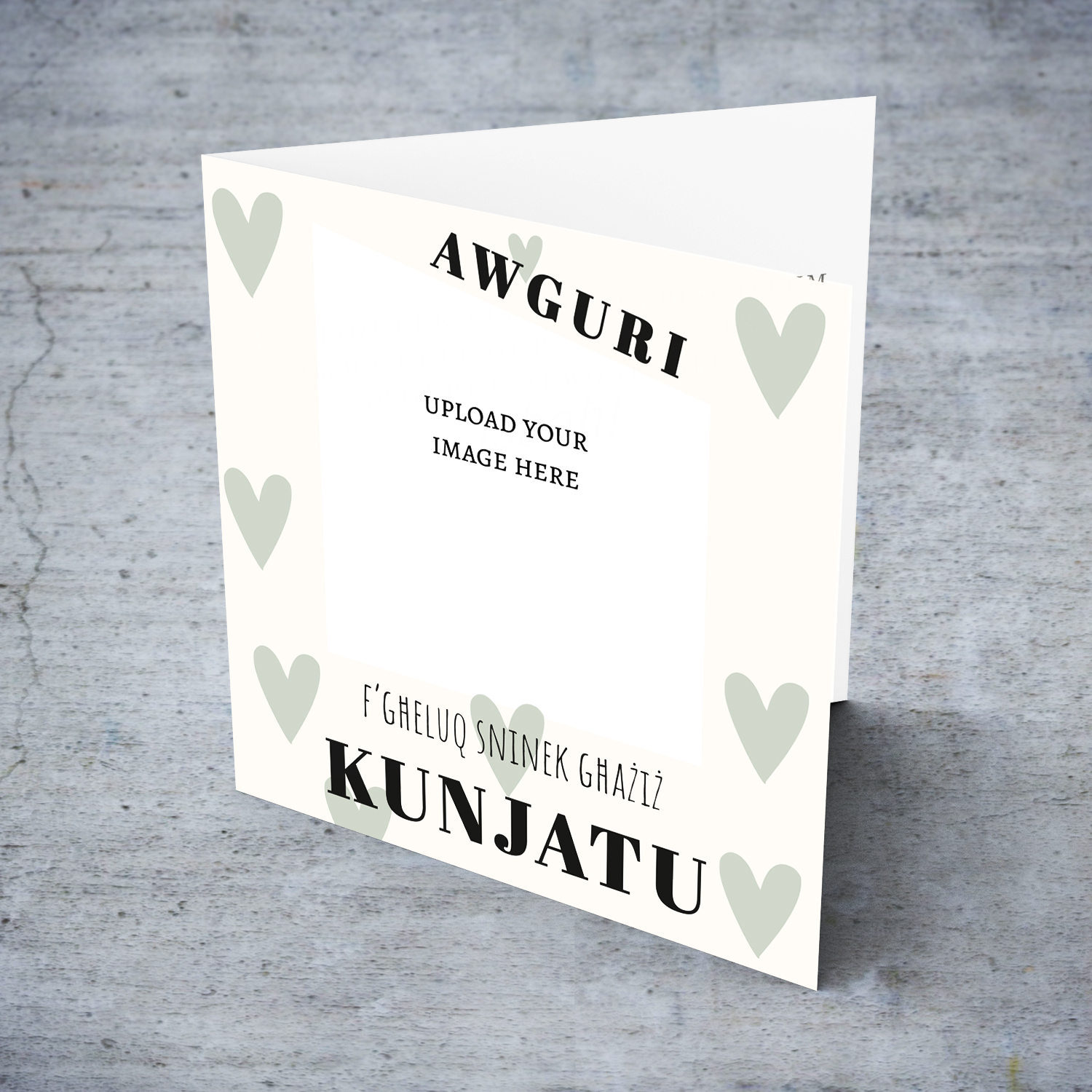 A photo birthday card for FATHER-I N-LAW in a cream background with scattered pastel green hearts in Maltese