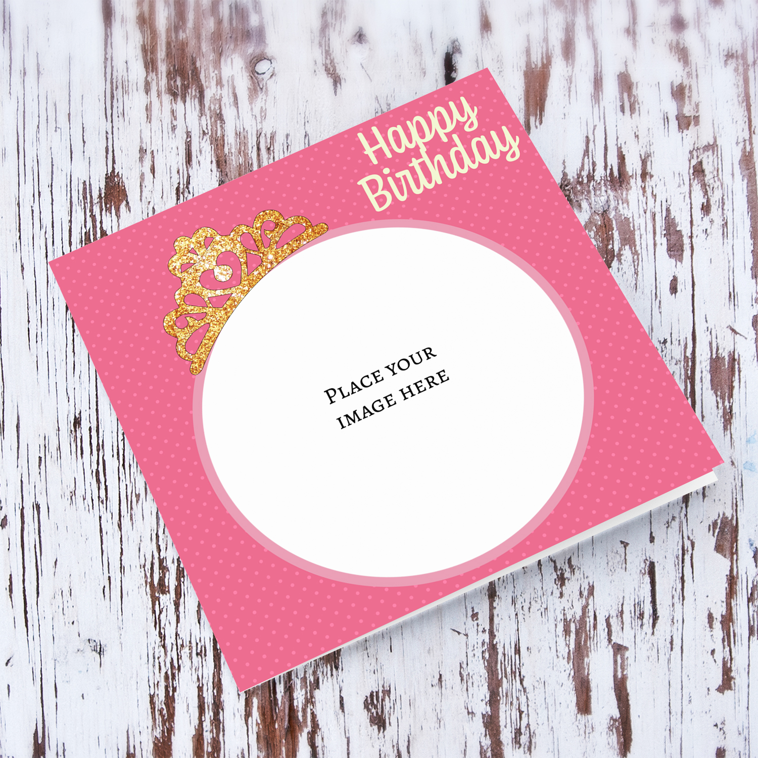 Photo birthday card for girls with golden glitter tiara, pink spotted background in English