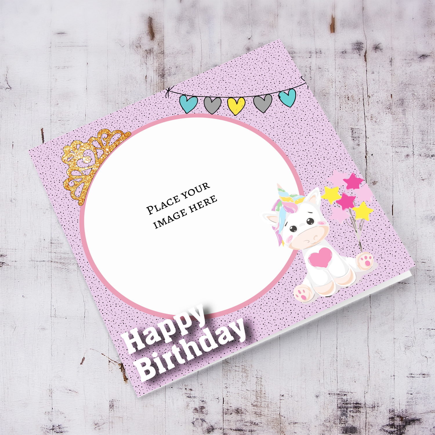 Photo birthday card for girls with golden glitter tiara, pink spotted background and cute little unicorn in English