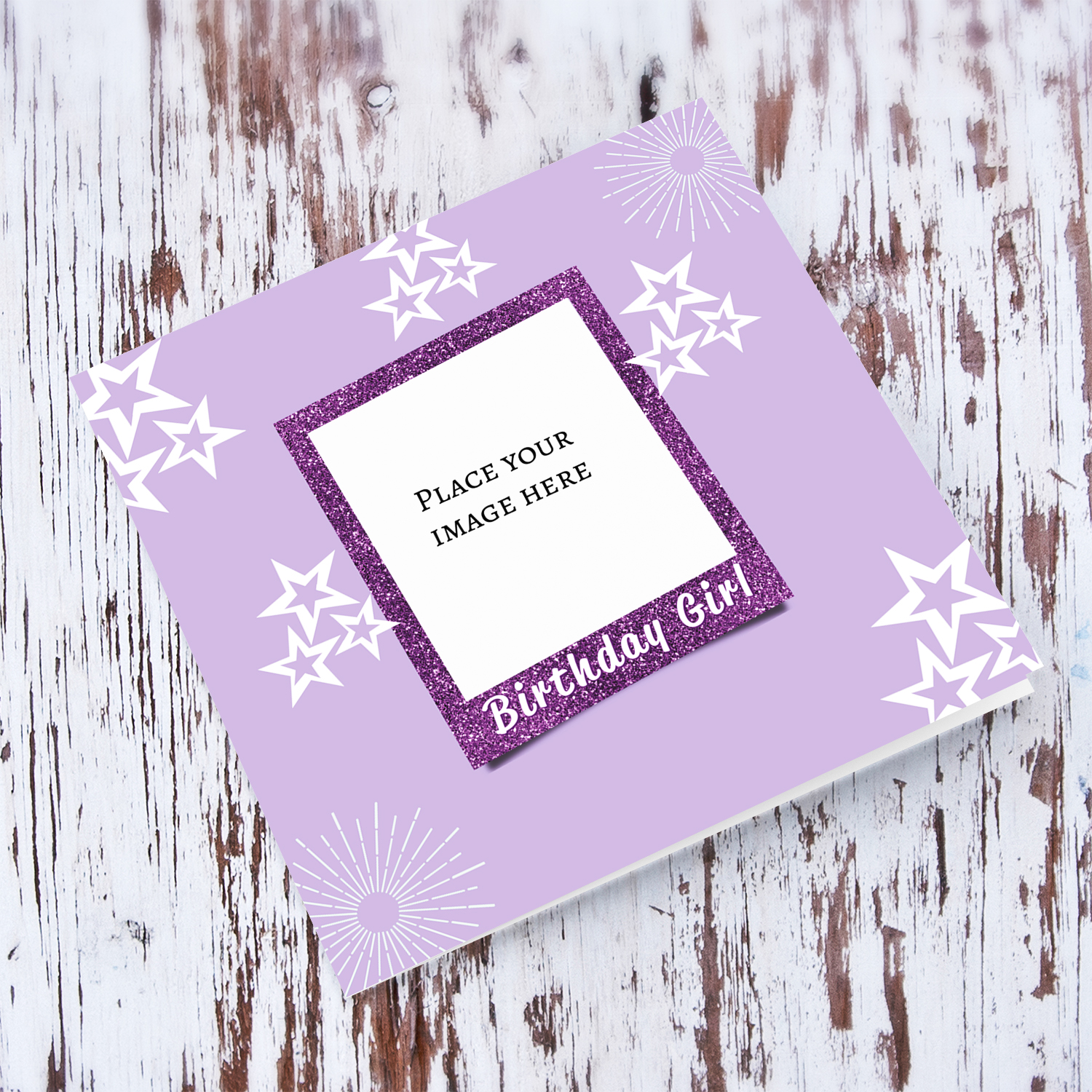 Photo birthday card with purple background and scattered white stars in English