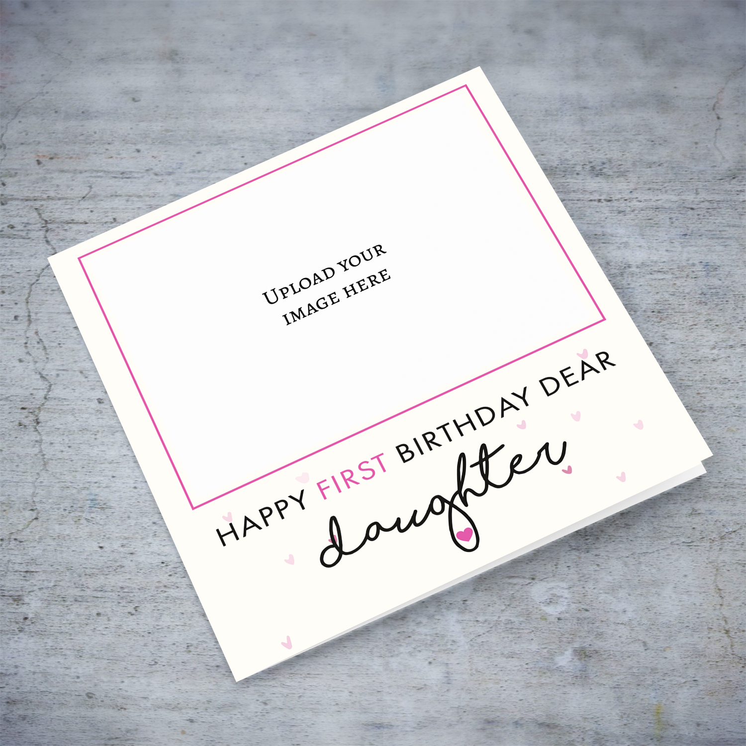 Daughter's First Birthday photo card with pink hearts in English