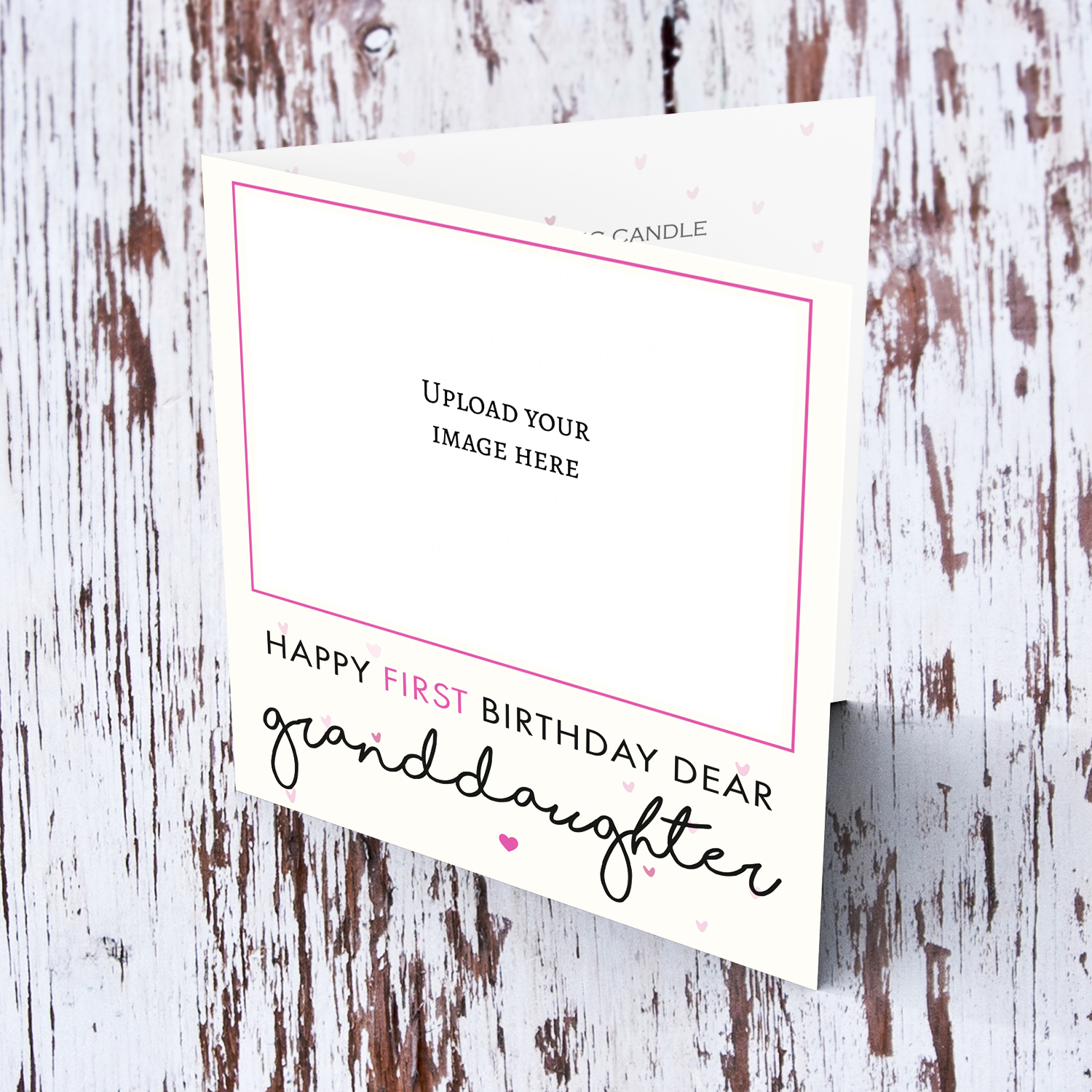 Granddaughter's First Birthday photo card with pink hearts in English