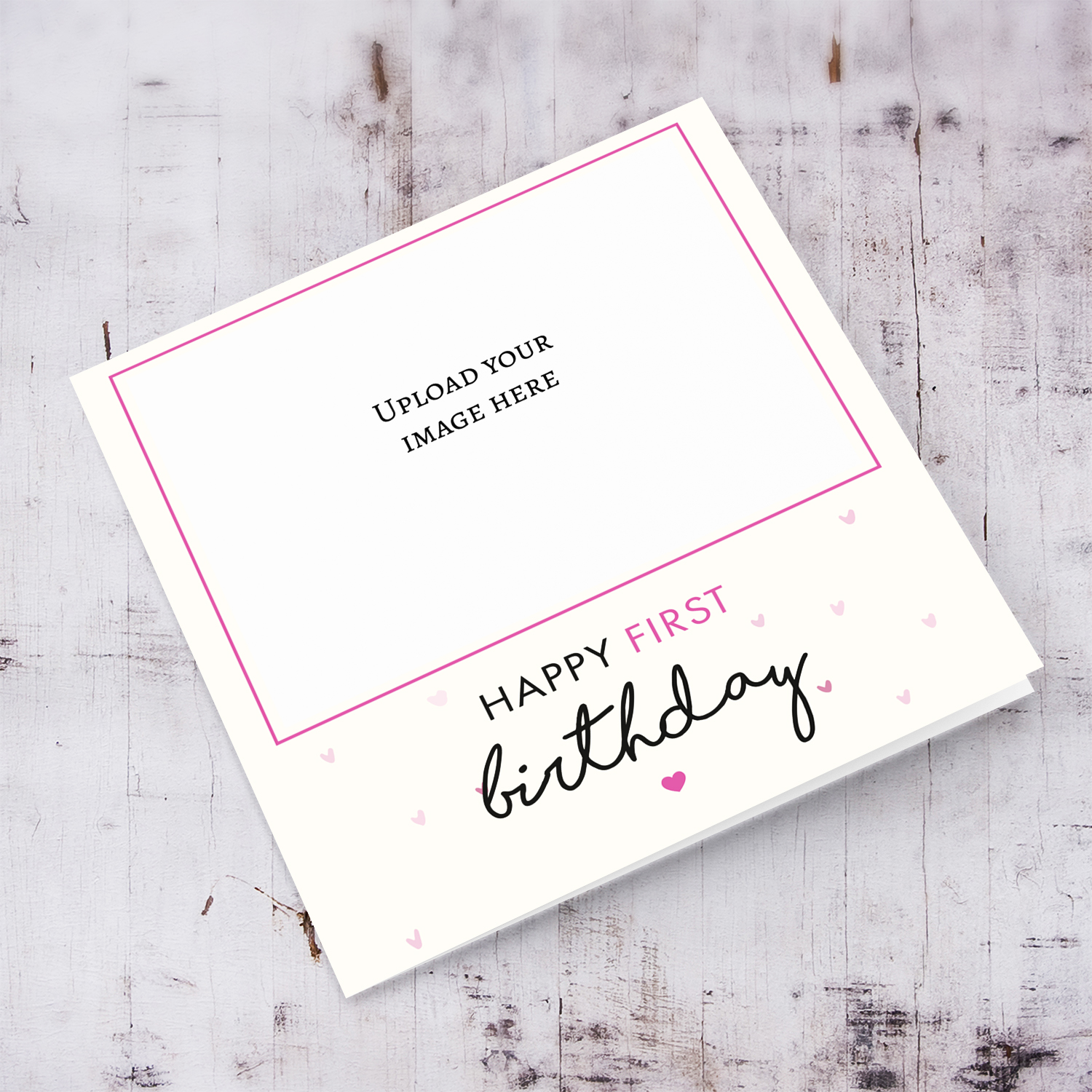First Birthday photo card with pink hearts in English