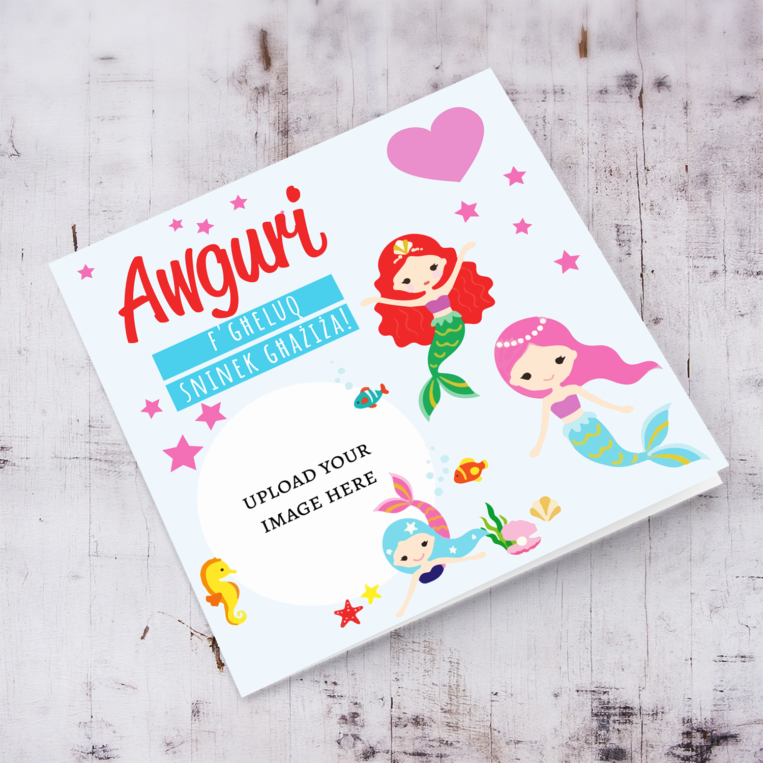Colourful mermaid themed photo birthday card for girls in Maltese