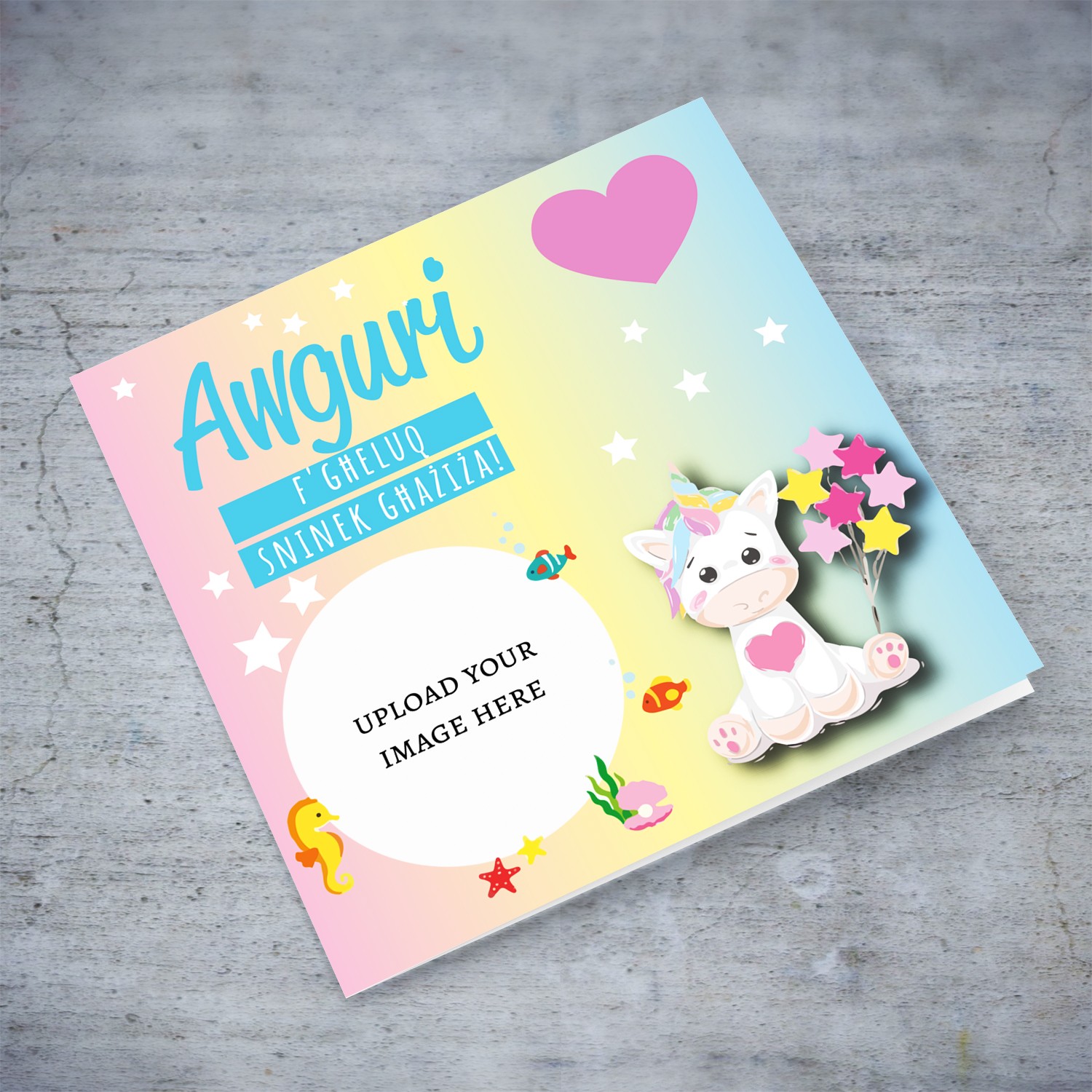 Colourful rainbow pastel coloured background unicorn themed photo birthday card in Maltese 