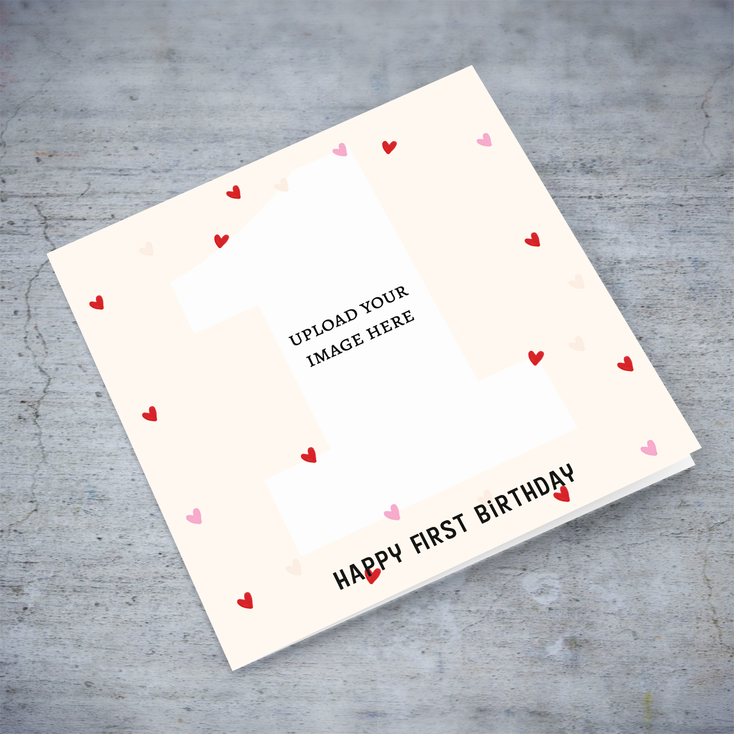 Happy 1st birthday photo card for girls - with photo space in the shape of a 1 in English