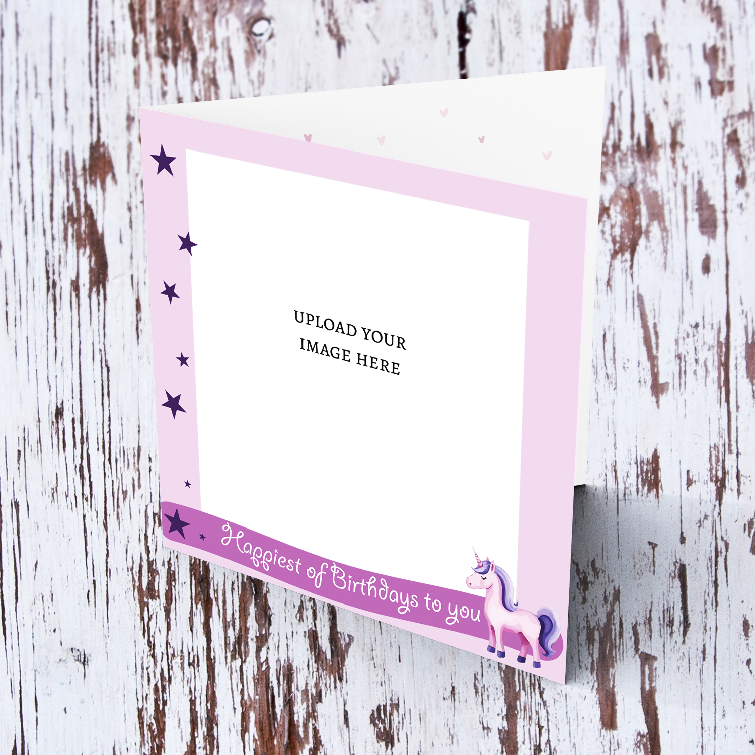 A cute photo birthday card with unicorn and stars in lilac background colour - for girl in English