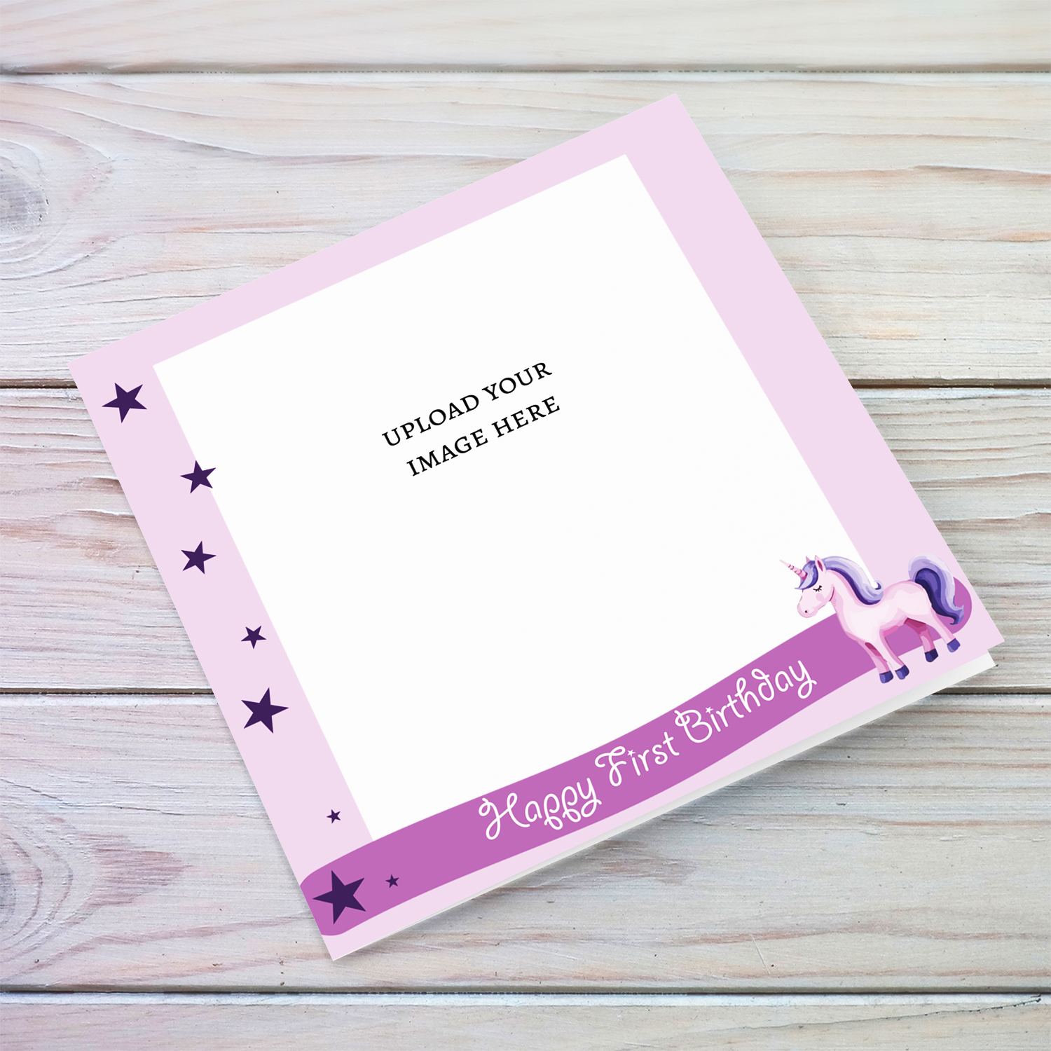 A cute photo birthday card with unicorn and stars in lilac background colour - for girl's FIRST birthday in English