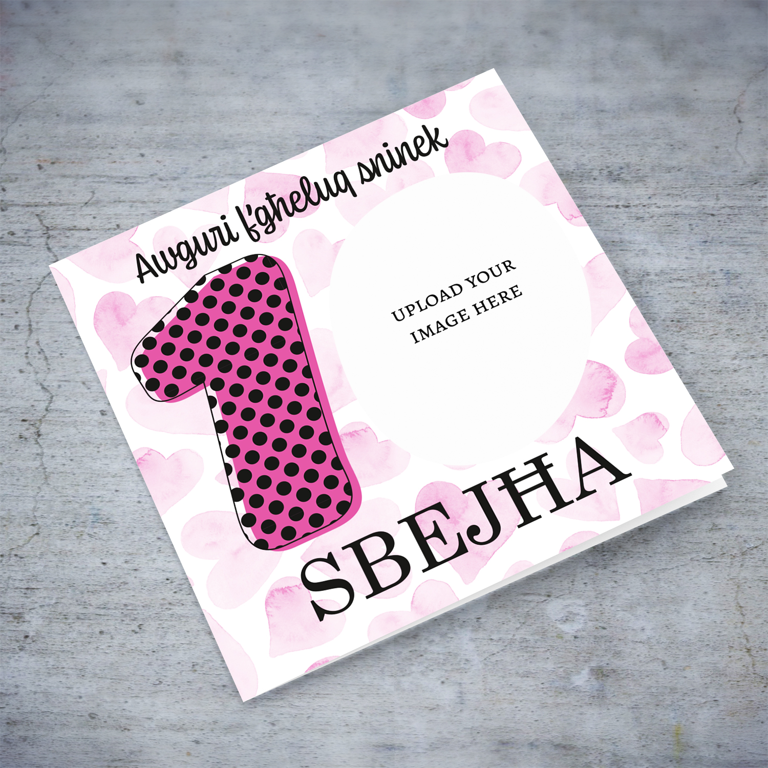 A photo birthday card for a 10 year old girl with pink hearts background in Maltese