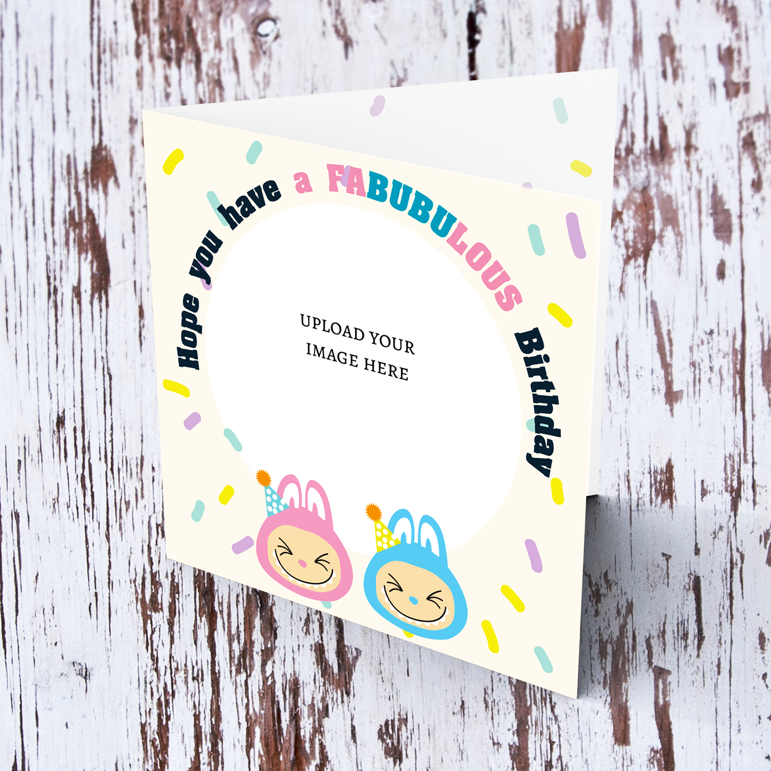 Pink and blue labubu themed birthday card with scattered colourful confetti in English (Personalisable)