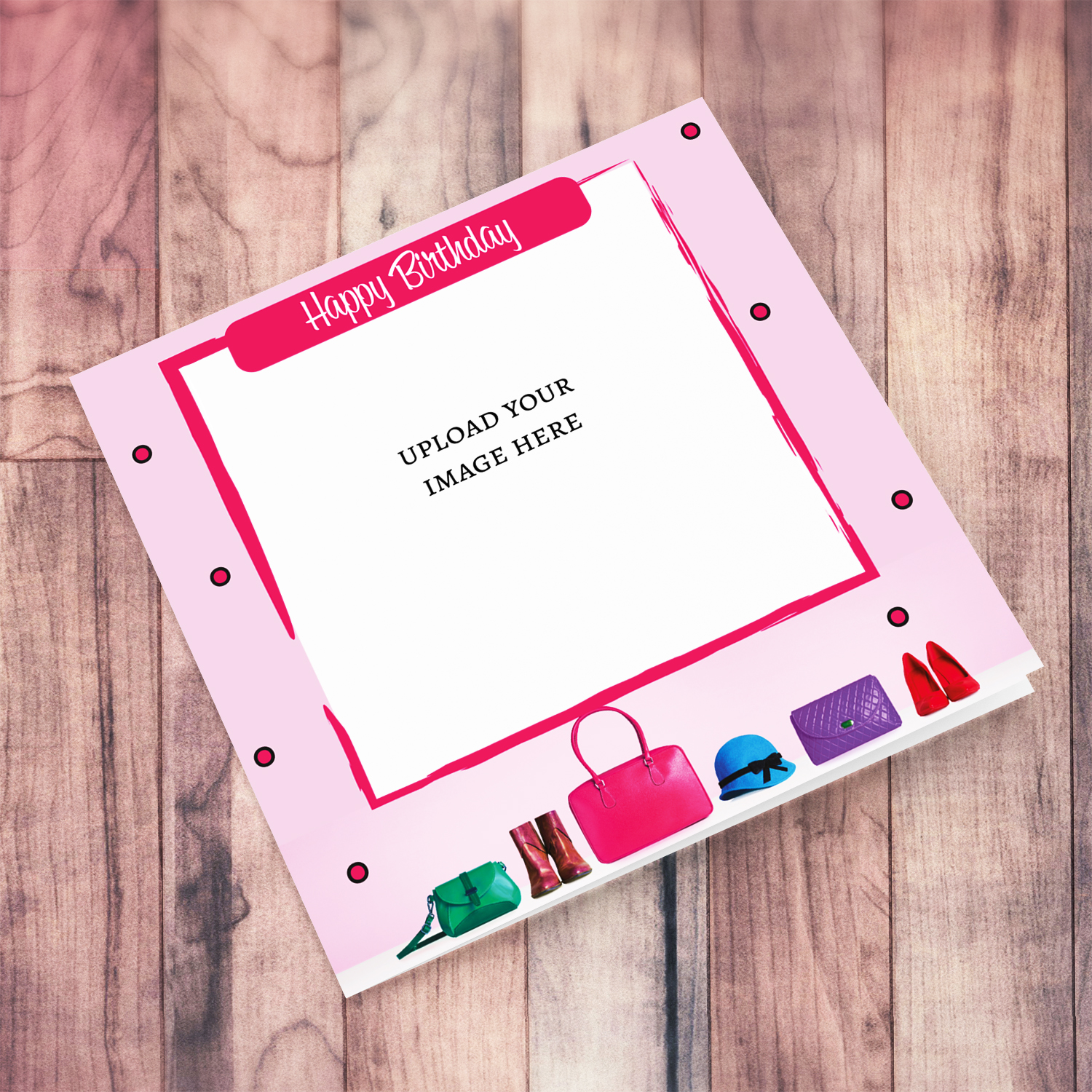 A modern fashion themed photo birthday card for females with pink background and various colourful fashion items in English 